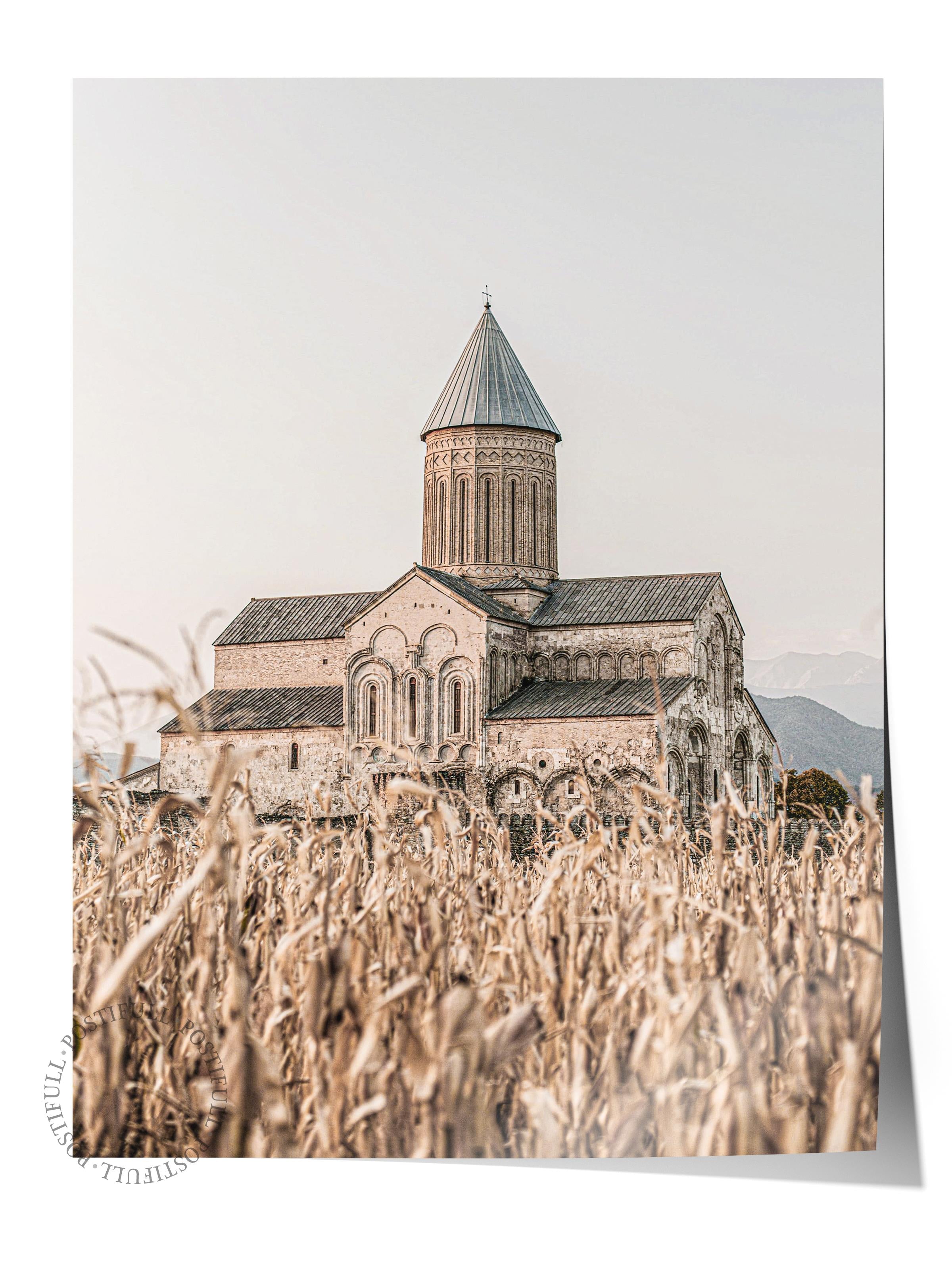 Rustic Çerçevesiz Poster, İskandinav Kahverengi Poster, NO:261 Kilise ve Tarlalar Fotoğraf, Dikey