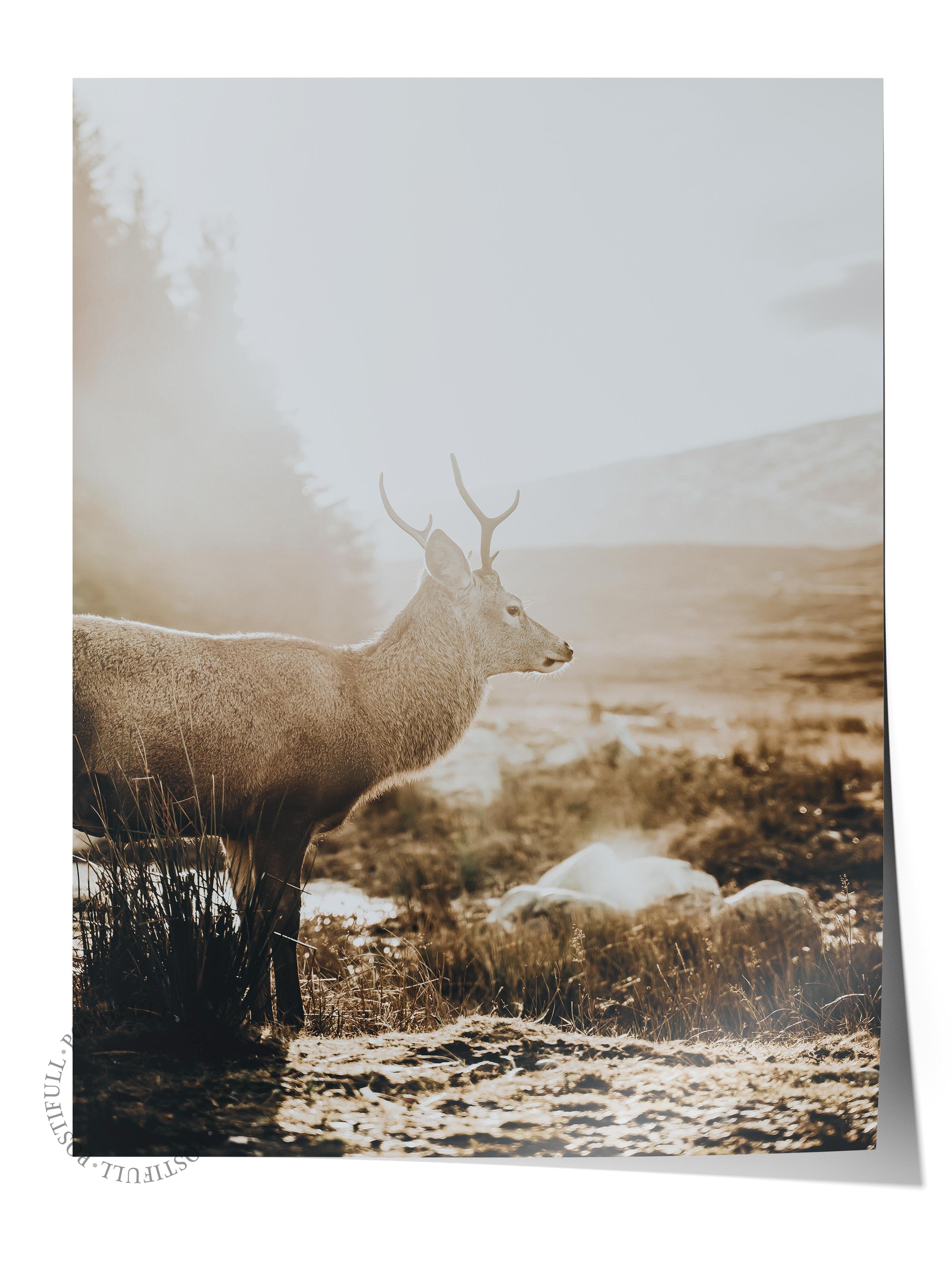 Rustic Çerçevesiz Poster, İskandinav Kahverengi Poster, NO:27 Geyik ve Dağ Manzarası Fotoğraf, Dikey
