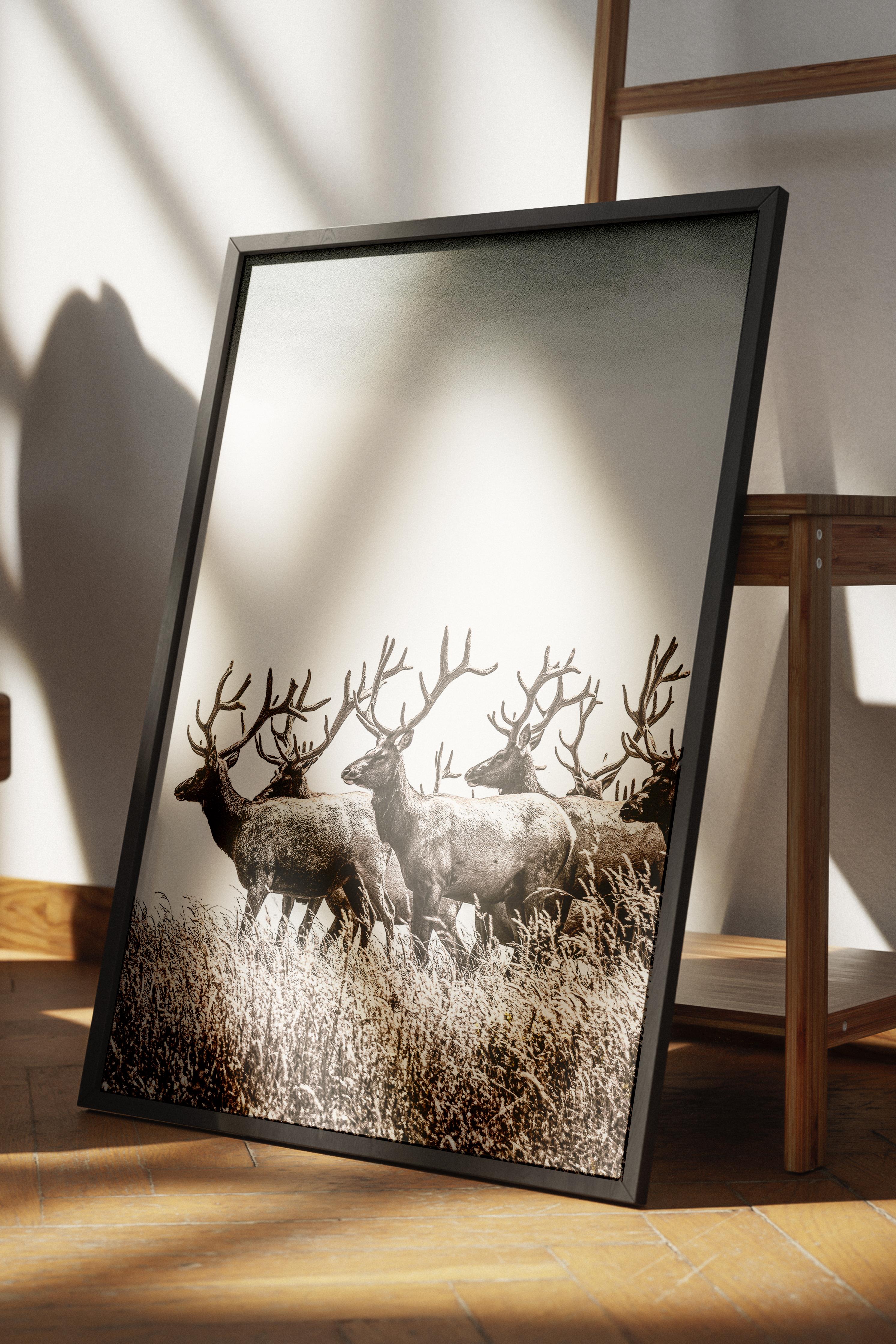 Rustic Çerçevesiz Poster, İskandinav Kahverengi Poster, NO:271 Geyikler Fotoğraf, Dikey