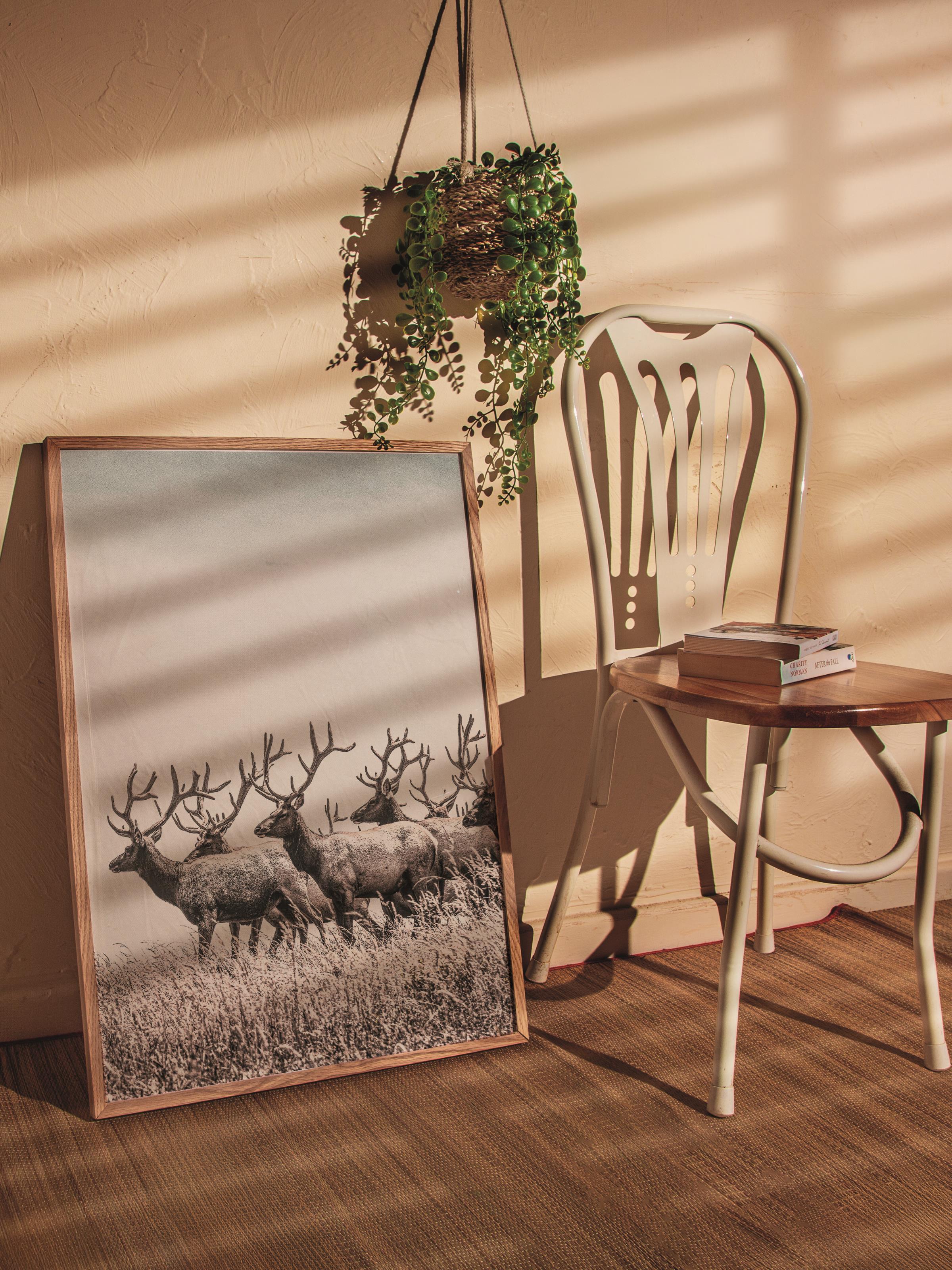 Rustic Çerçevesiz Poster, İskandinav Kahverengi Poster, NO:271 Geyikler Fotoğraf, Dikey