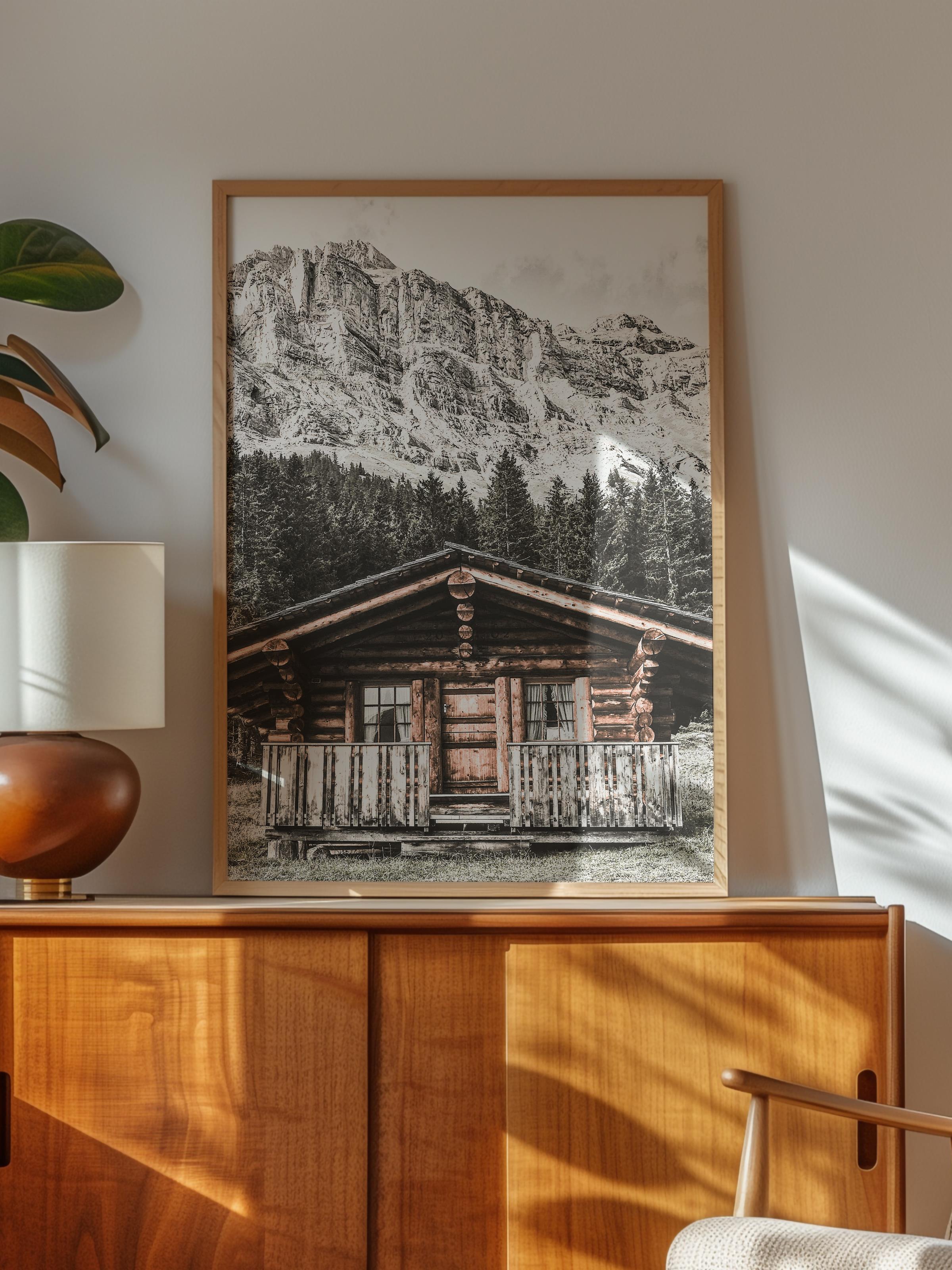 Rustic Çerçevesiz Poster, İskandinav Kahverengi Poster, NO:279 Ahşap Ev ve Dağlar Fotoğraf, Dikey