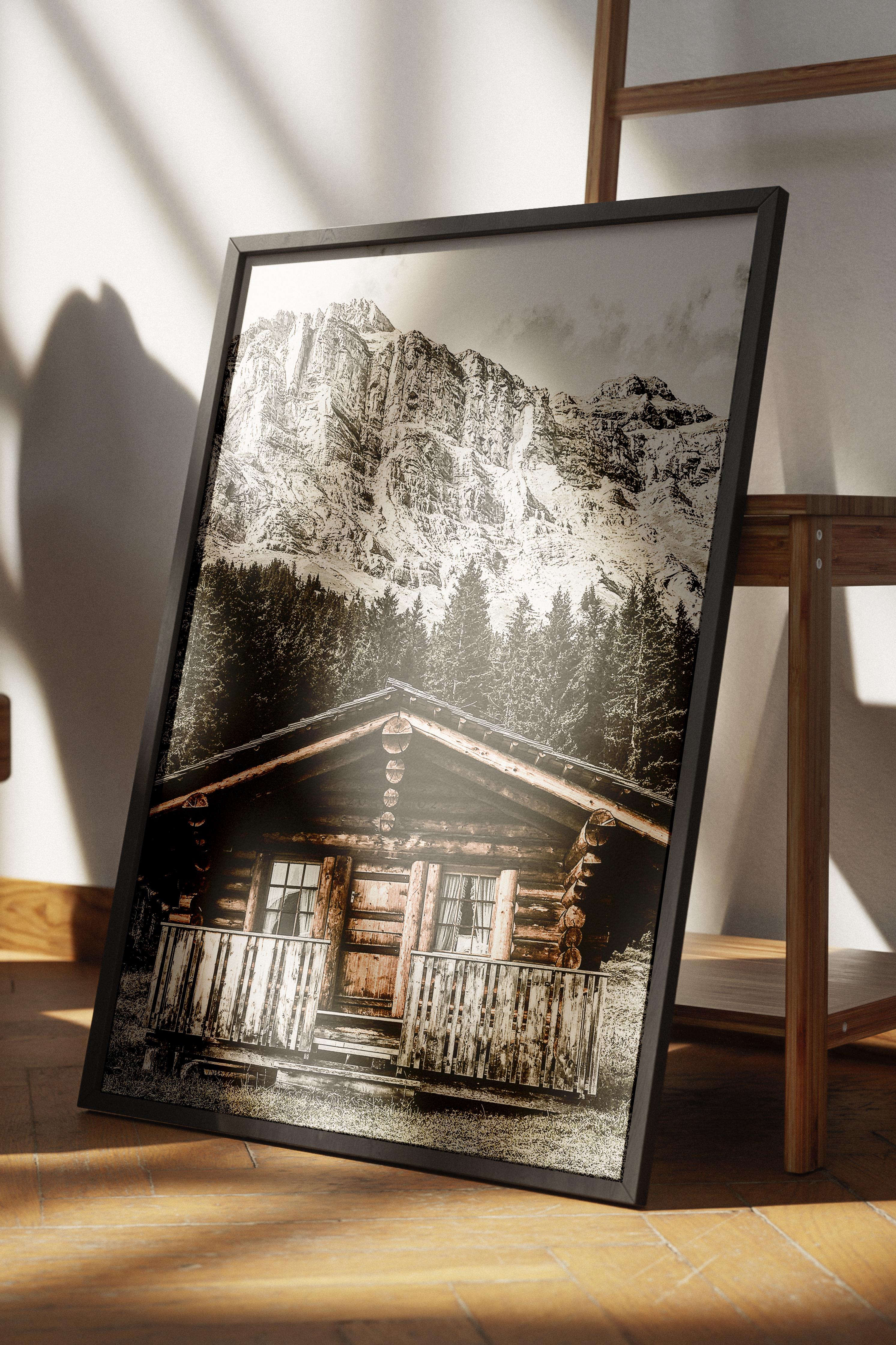 Rustic Çerçevesiz Poster, İskandinav Kahverengi Poster, NO:279 Ahşap Ev ve Dağlar Fotoğraf, Dikey