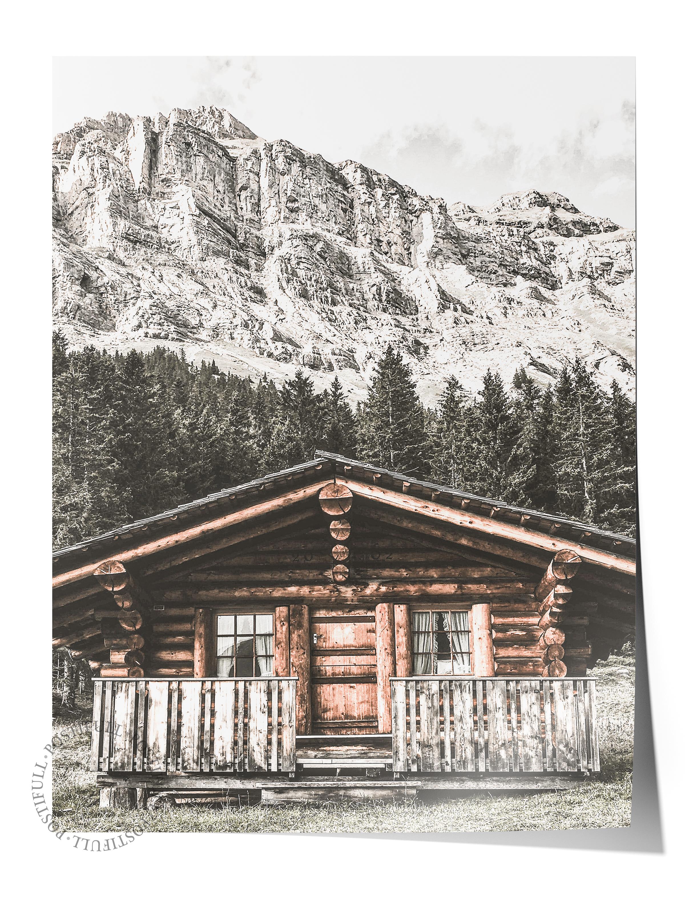 Rustic Çerçevesiz Poster, İskandinav Kahverengi Poster, NO:279 Ahşap Ev ve Dağlar Fotoğraf, Dikey