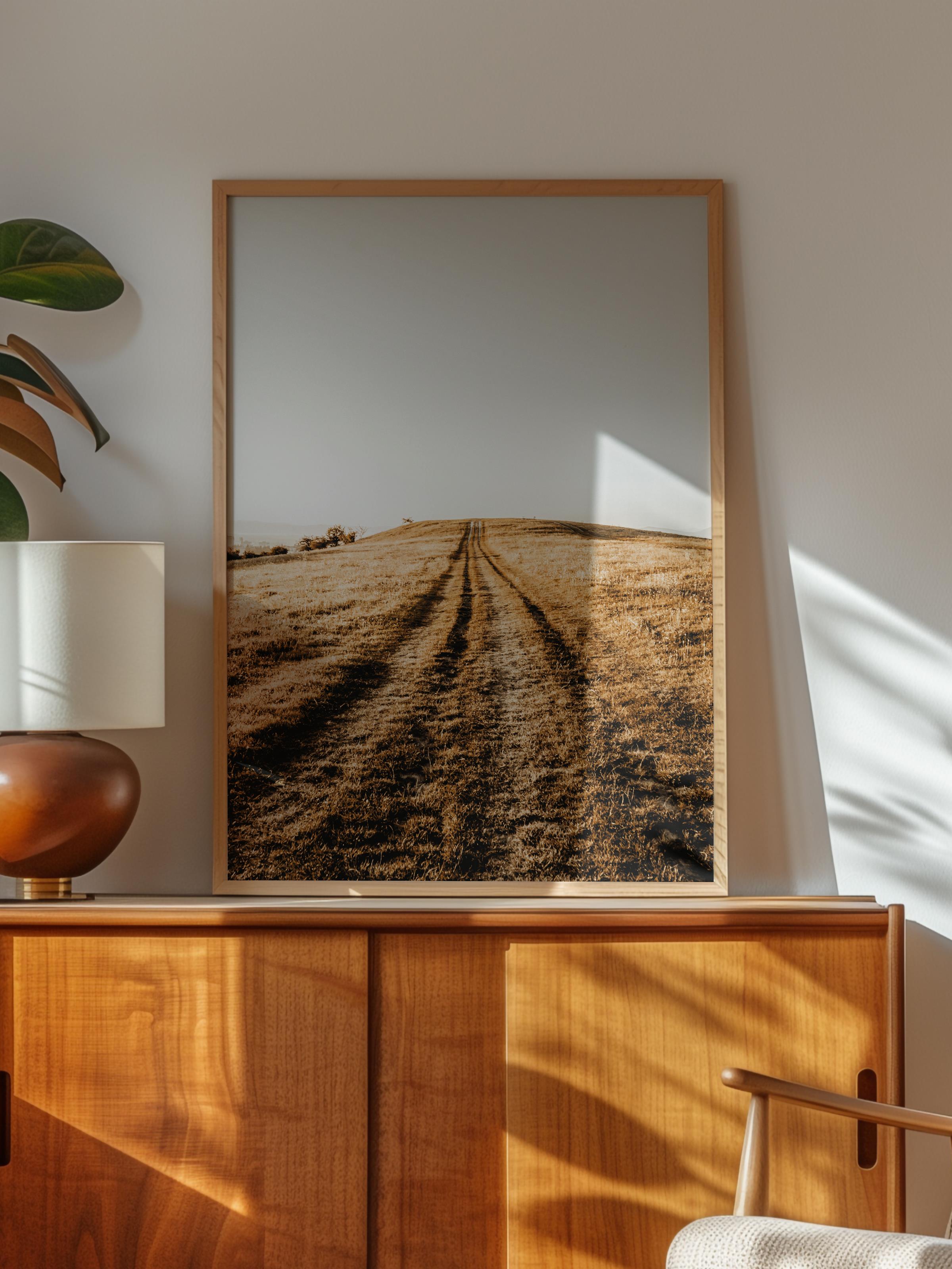Rustic Çerçevesiz Poster, İskandinav Kahverengi Poster, NO:31 Tarlada Yol Fotoğraf, Dikey