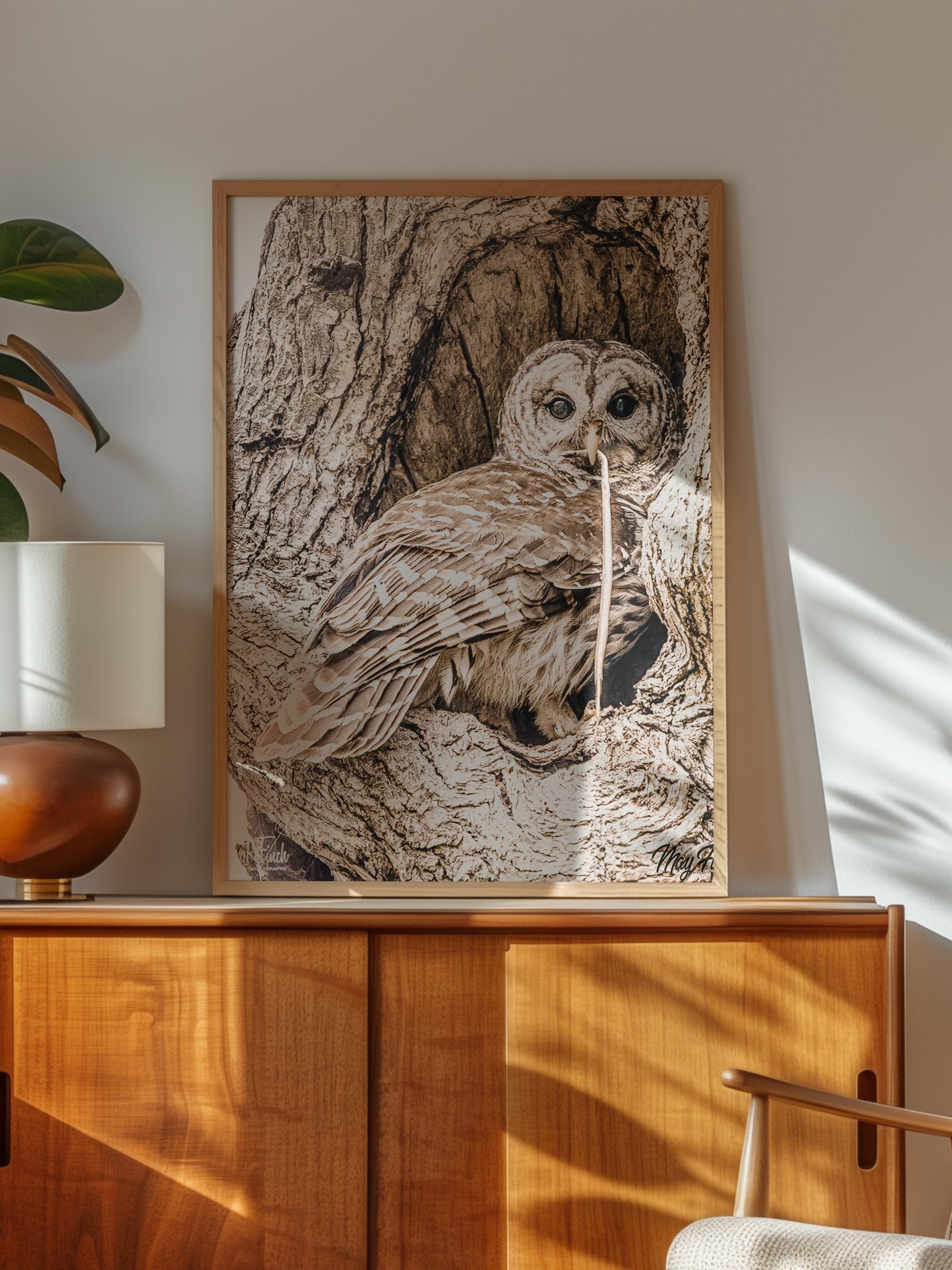 Rustic Çerçevesiz Poster, İskandinav Kahverengi Poster, NO:319 Baykuş Fotoğraf, Dikey