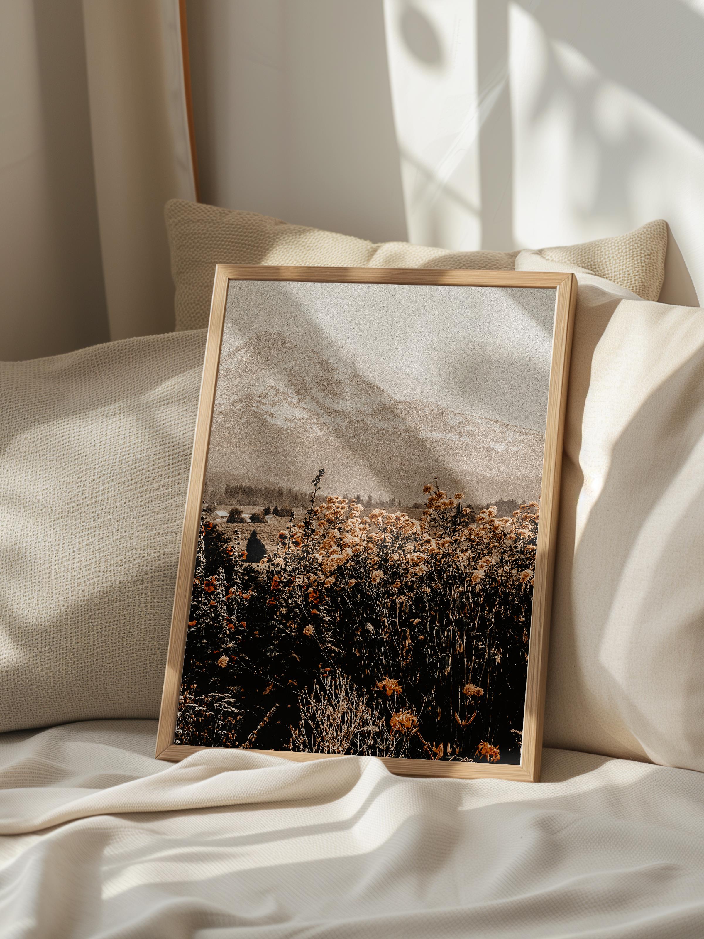 Rustic Çerçevesiz Poster, İskandinav Kahverengi Poster, NO:32 Dağ ve Çiçekler Fotoğraf, Dikey