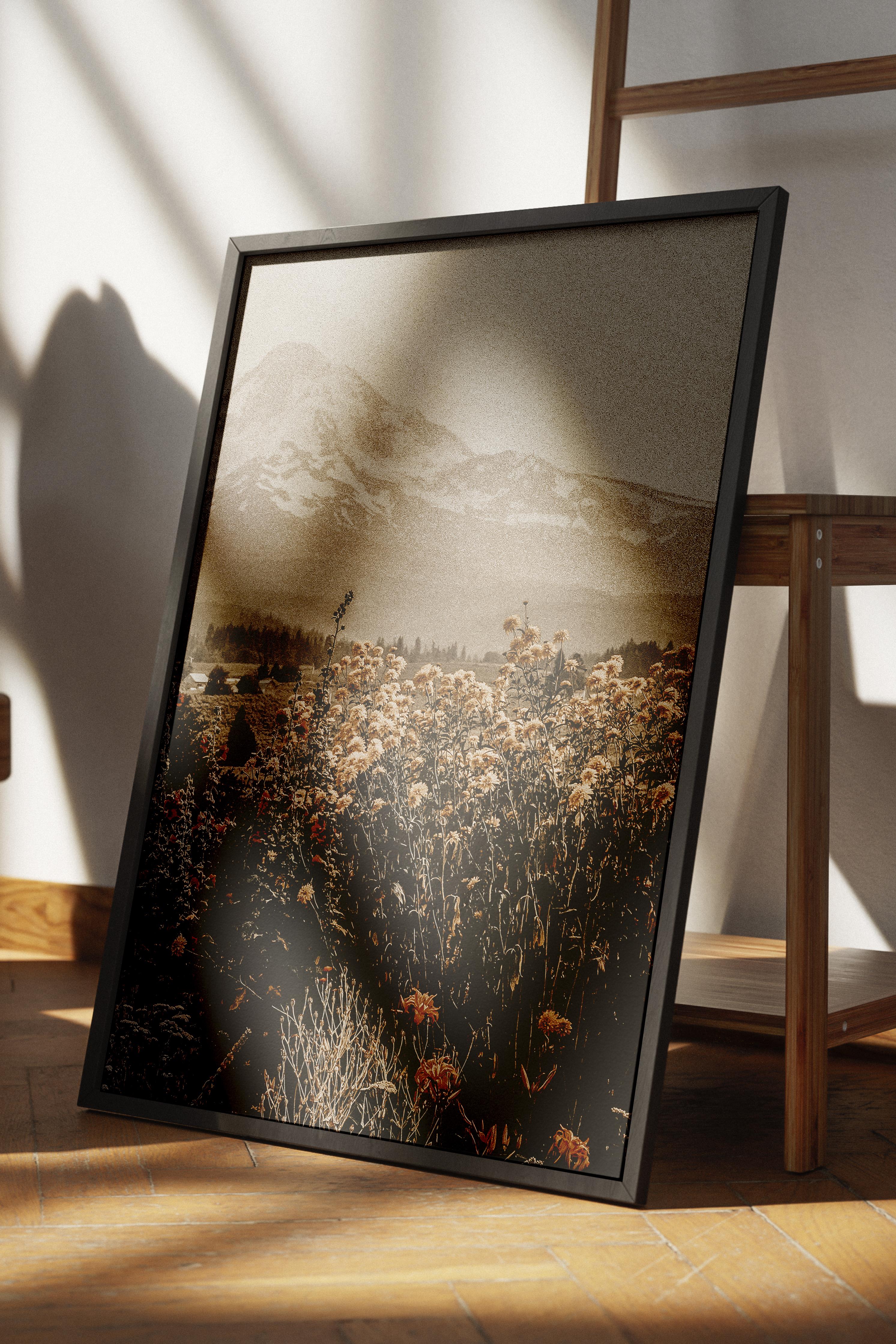 Rustic Çerçevesiz Poster, İskandinav Kahverengi Poster, NO:32 Dağ ve Çiçekler Fotoğraf, Dikey