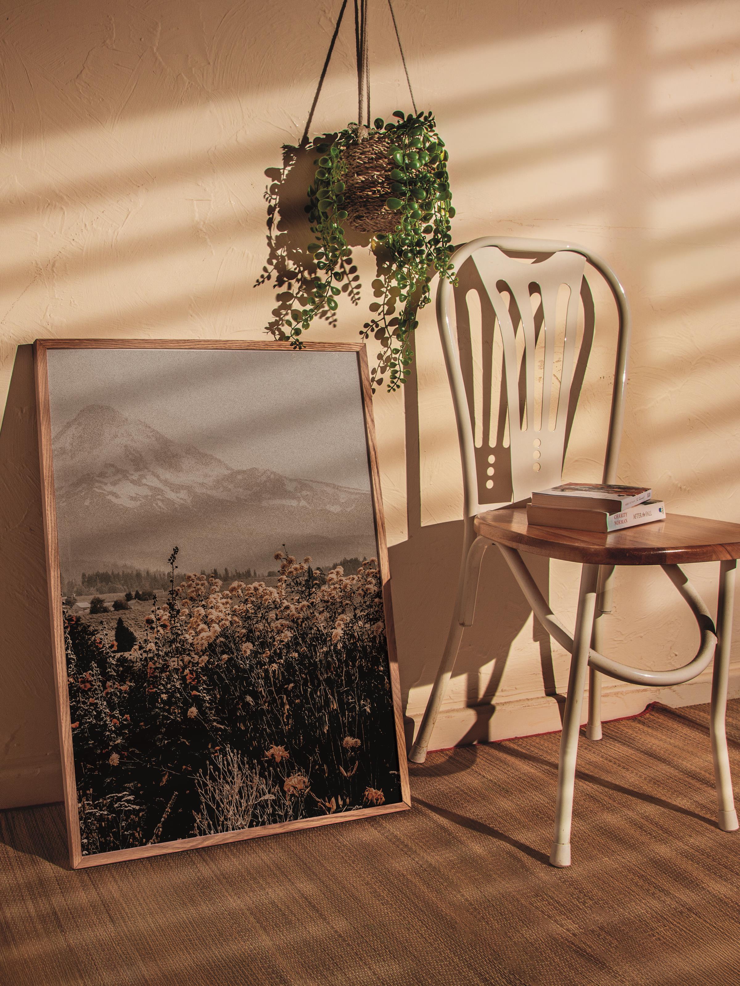 Rustic Çerçevesiz Poster, İskandinav Kahverengi Poster, NO:32 Dağ ve Çiçekler Fotoğraf, Dikey