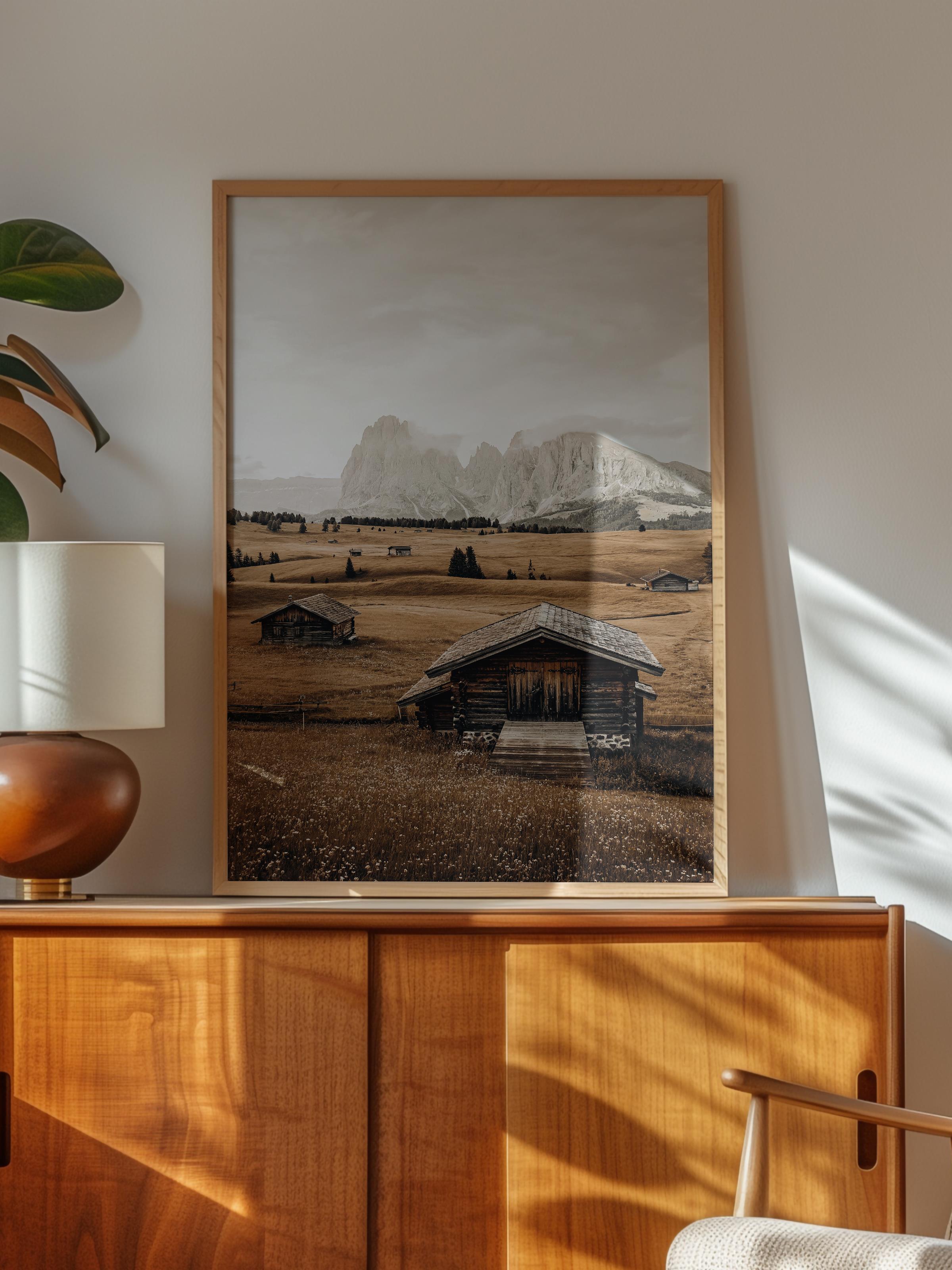 Rustic Çerçevesiz Poster, İskandinav Kahverengi Poster, NO:33 Ahşap Evler ve Dağlar Fotoğraf, Dikey