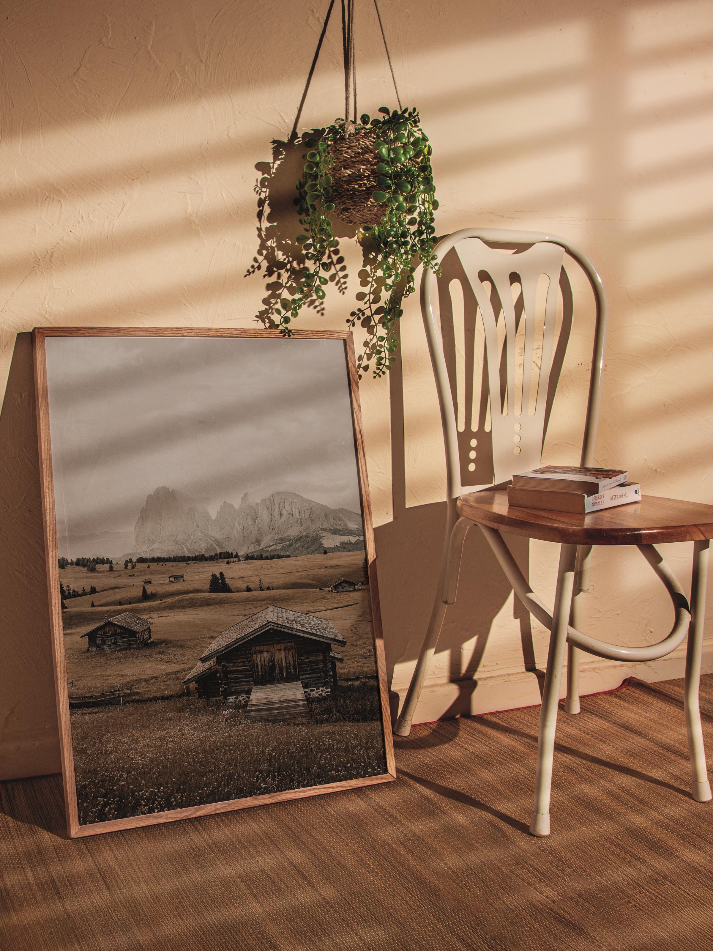 Rustic Çerçevesiz Poster, İskandinav Kahverengi Poster, NO:33 Ahşap Evler ve Dağlar Fotoğraf, Dikey