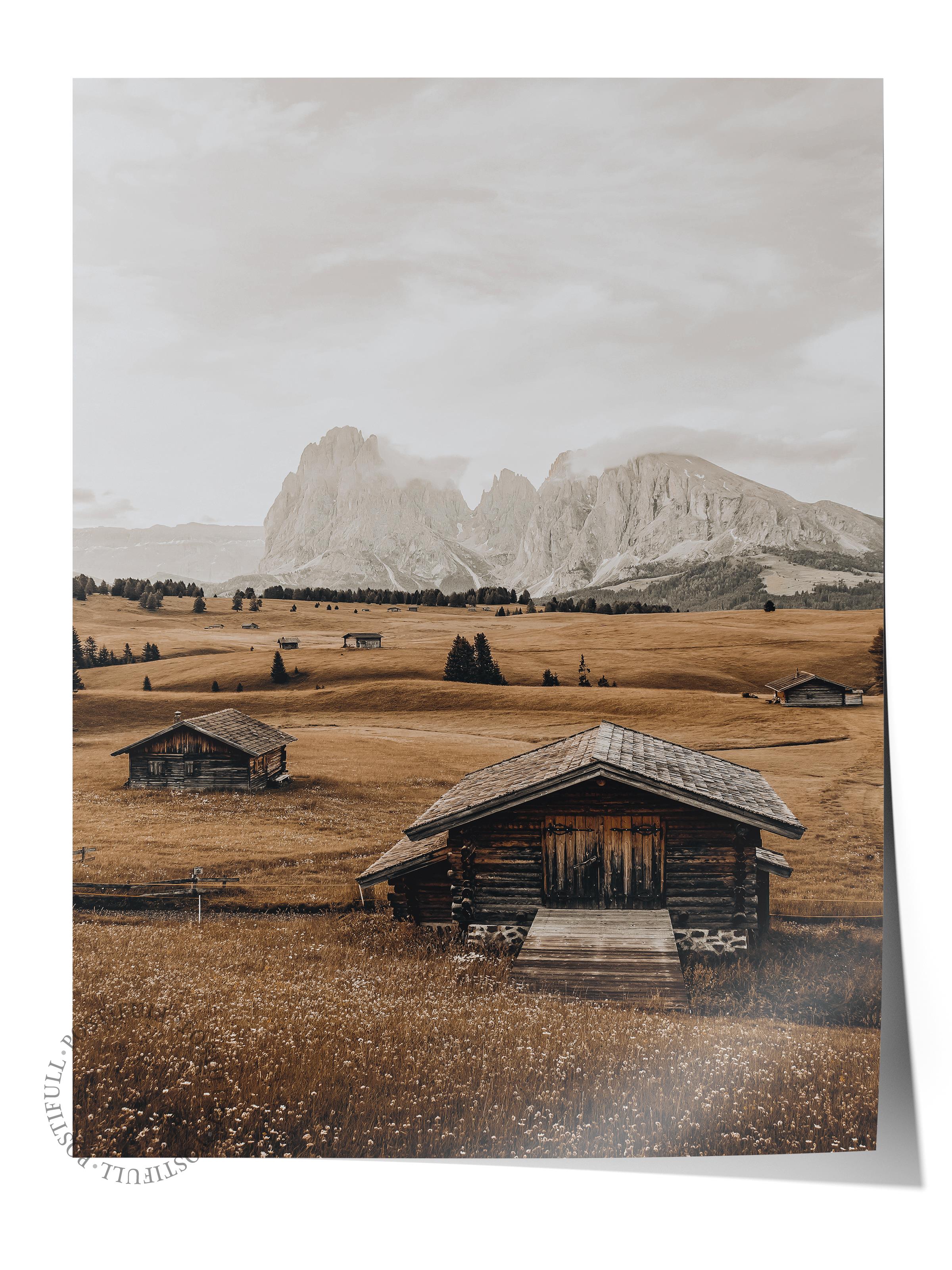 Rustic Çerçevesiz Poster, İskandinav Kahverengi Poster, NO:33 Ahşap Evler ve Dağlar Fotoğraf, Dikey