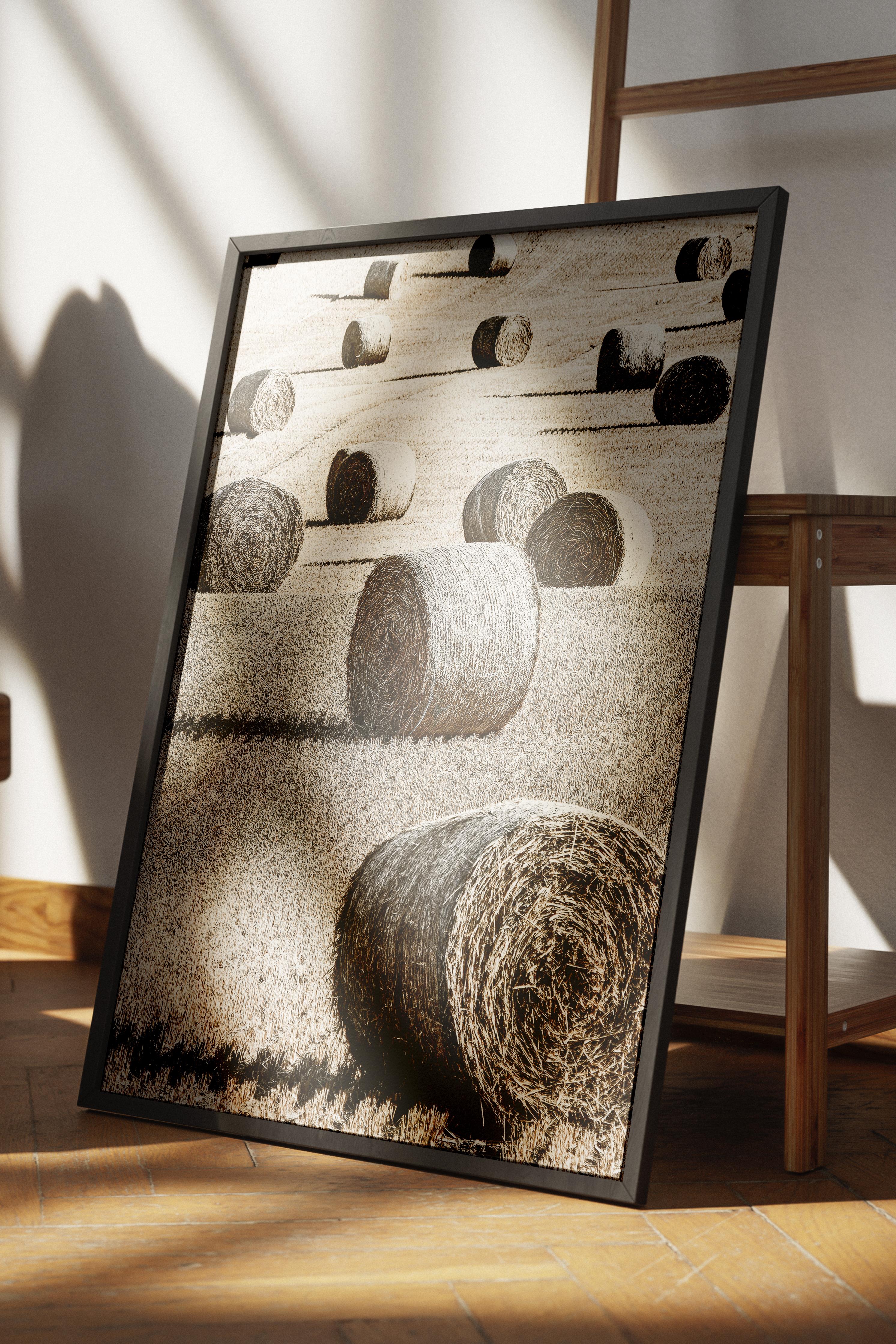 Rustic Çerçevesiz Poster, İskandinav Kahverengi Poster, NO:383 Saman Balyaları Fotoğraf, Dikey