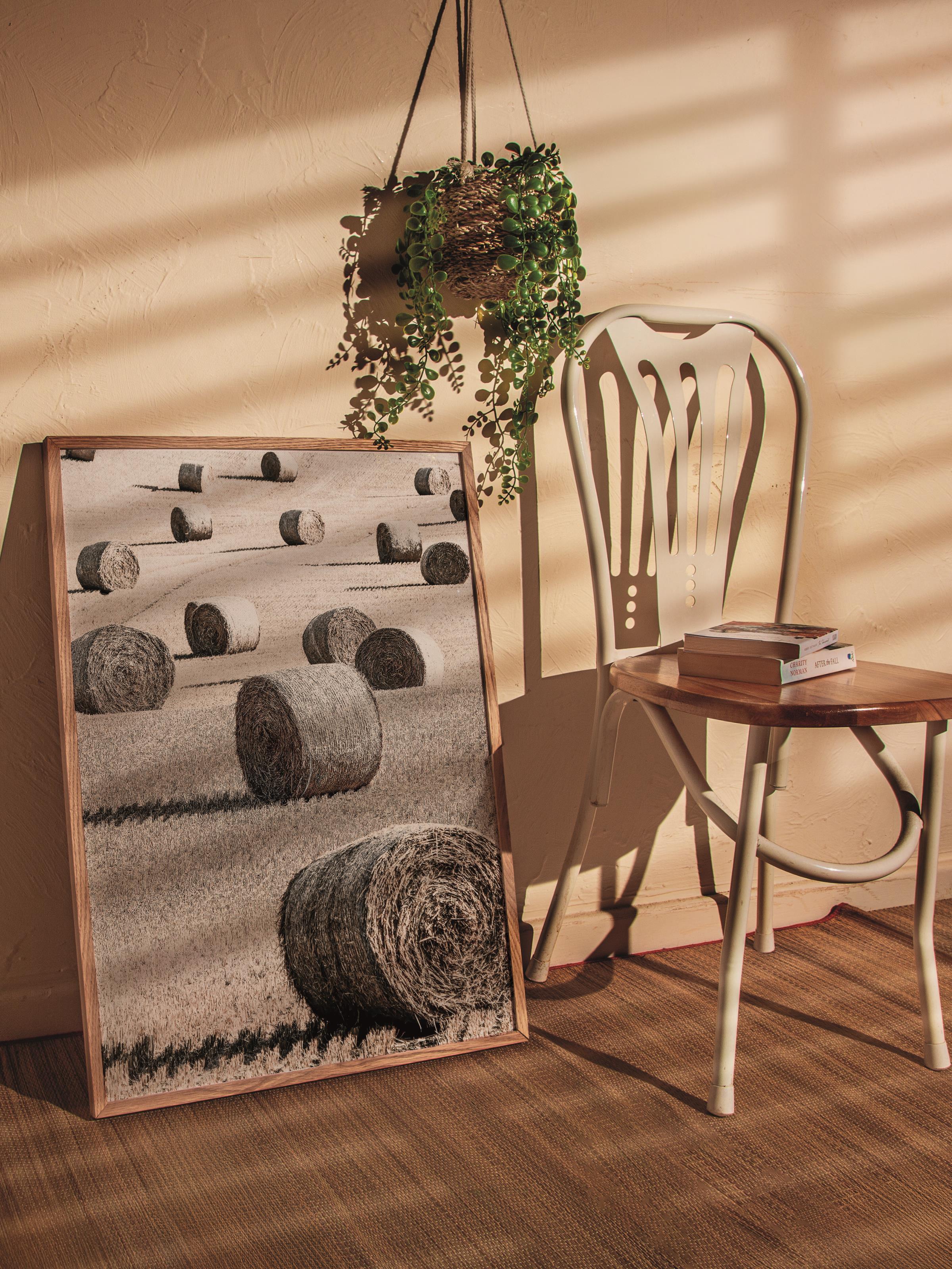 Rustic Çerçevesiz Poster, İskandinav Kahverengi Poster, NO:383 Saman Balyaları Fotoğraf, Dikey