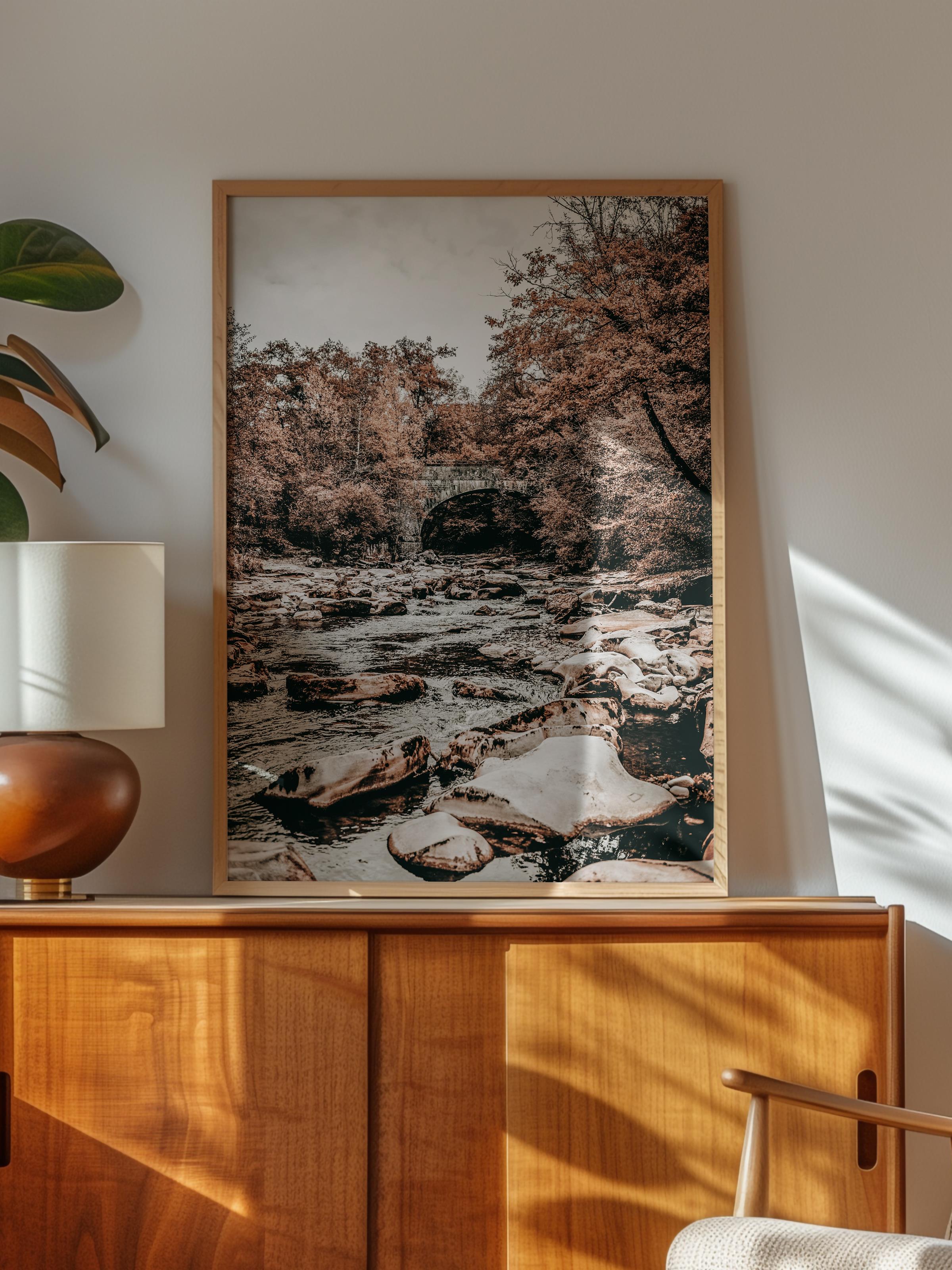 Rustic Çerçevesiz Poster, İskandinav Kahverengi Poster, NO:411 Nehir ve Ağaçlar Fotoğraf