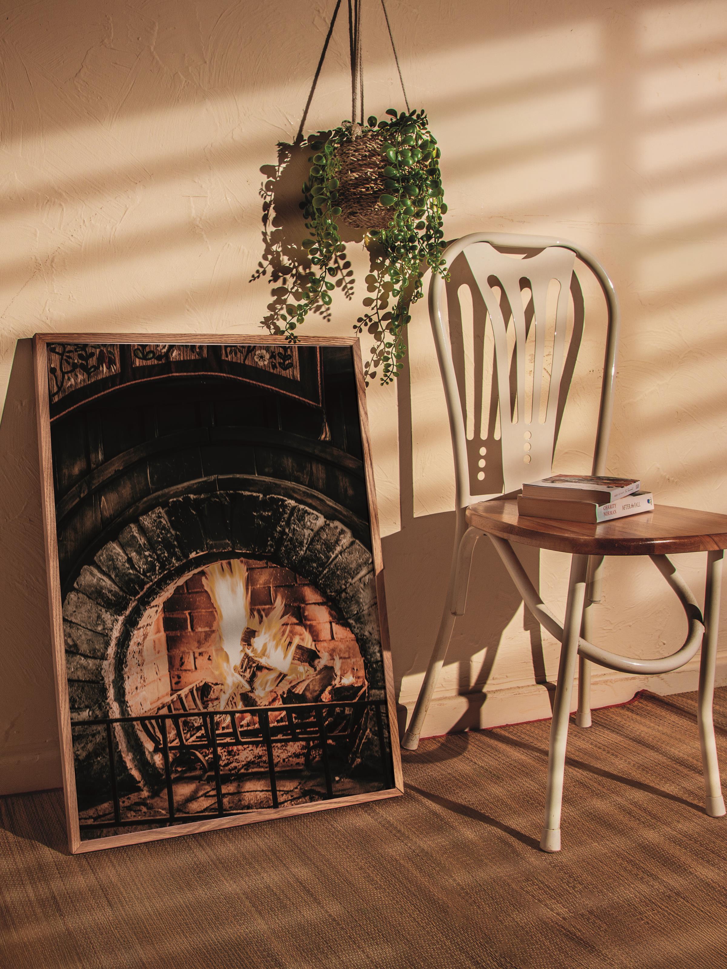 Rustic Çerçevesiz Poster, İskandinav Kahverengi Poster, NO:425 Şömine Fotoğraf