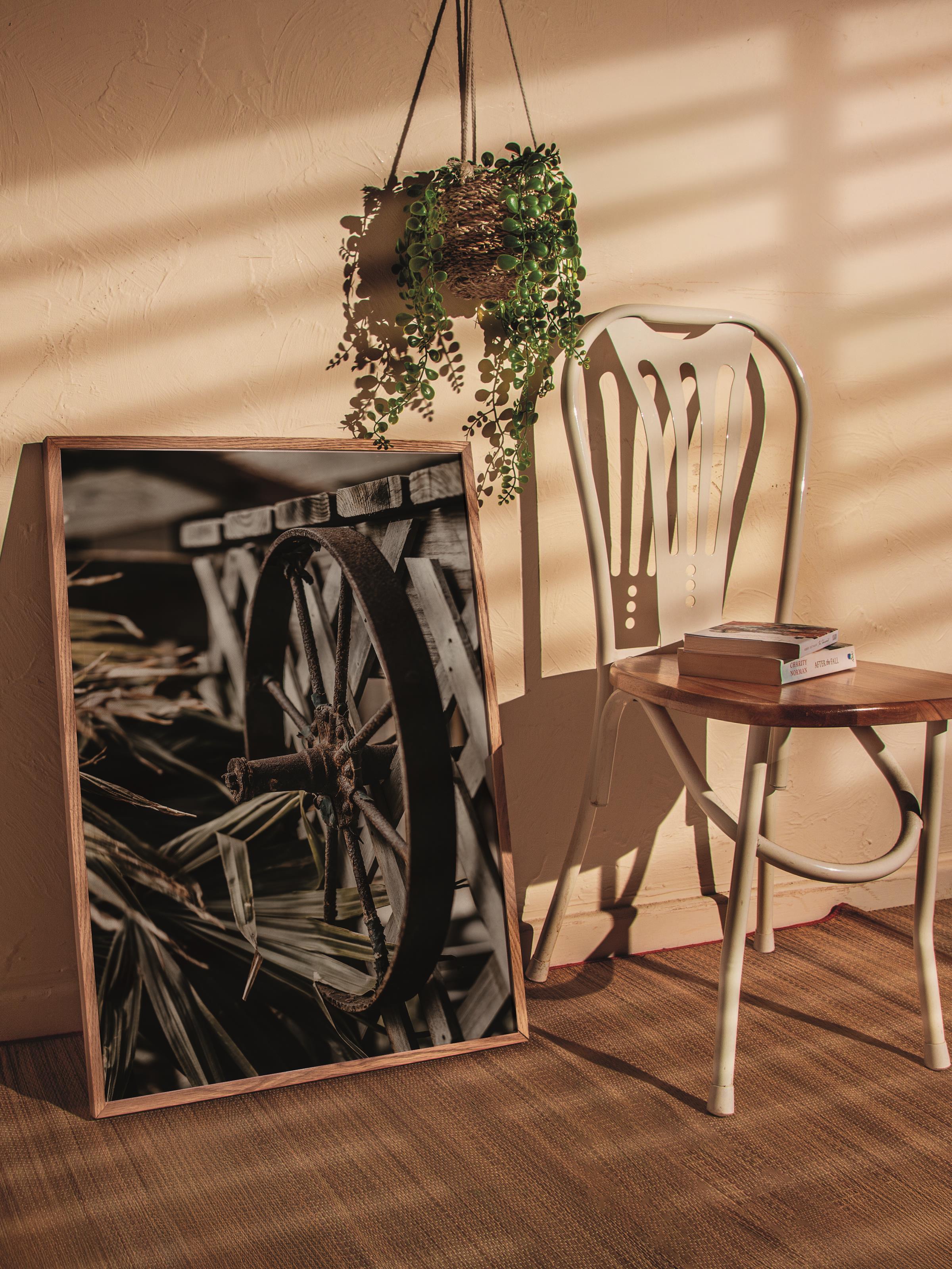 Rustic Çerçevesiz Poster, İskandinav Kahverengi Poster, NO:44 Eski Tekerlek Fotoğraf, Dikey