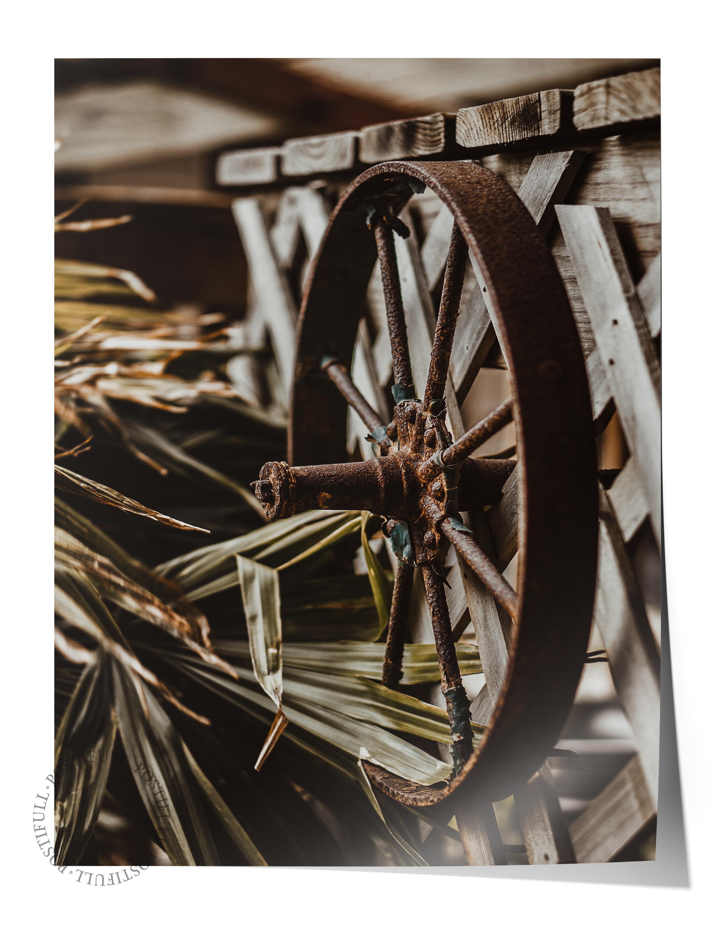 Rustic Çerçevesiz Poster, İskandinav Kahverengi Poster, NO:44 Eski Tekerlek Fotoğraf, Dikey