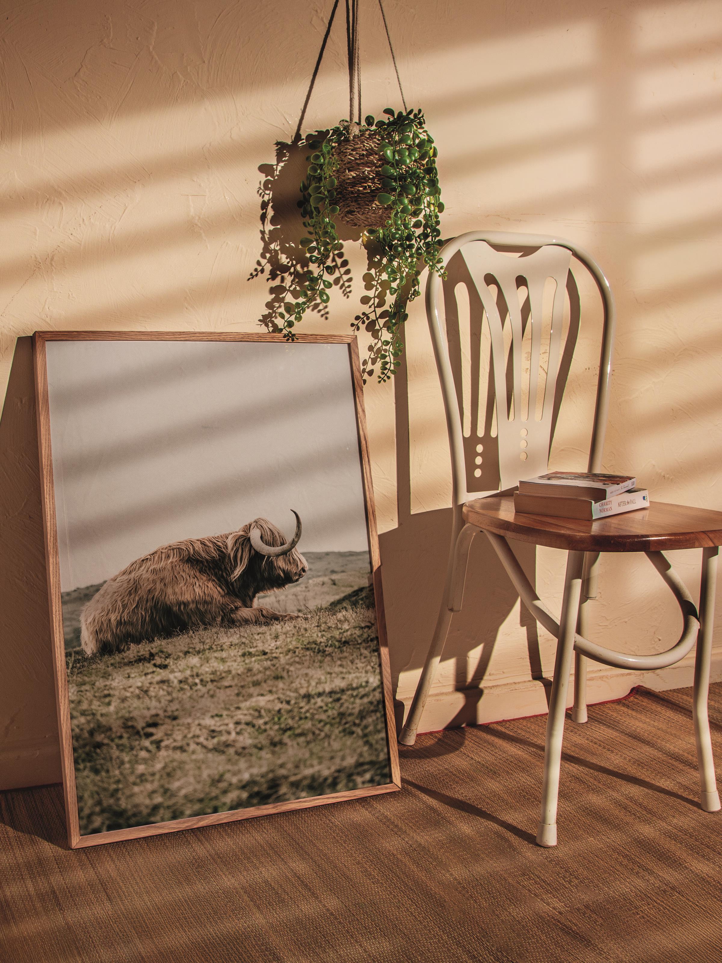 Rustic Çerçevesiz Poster, İskandinav Kahverengi Poster, NO:445 Yatan İnek Fotoğraf