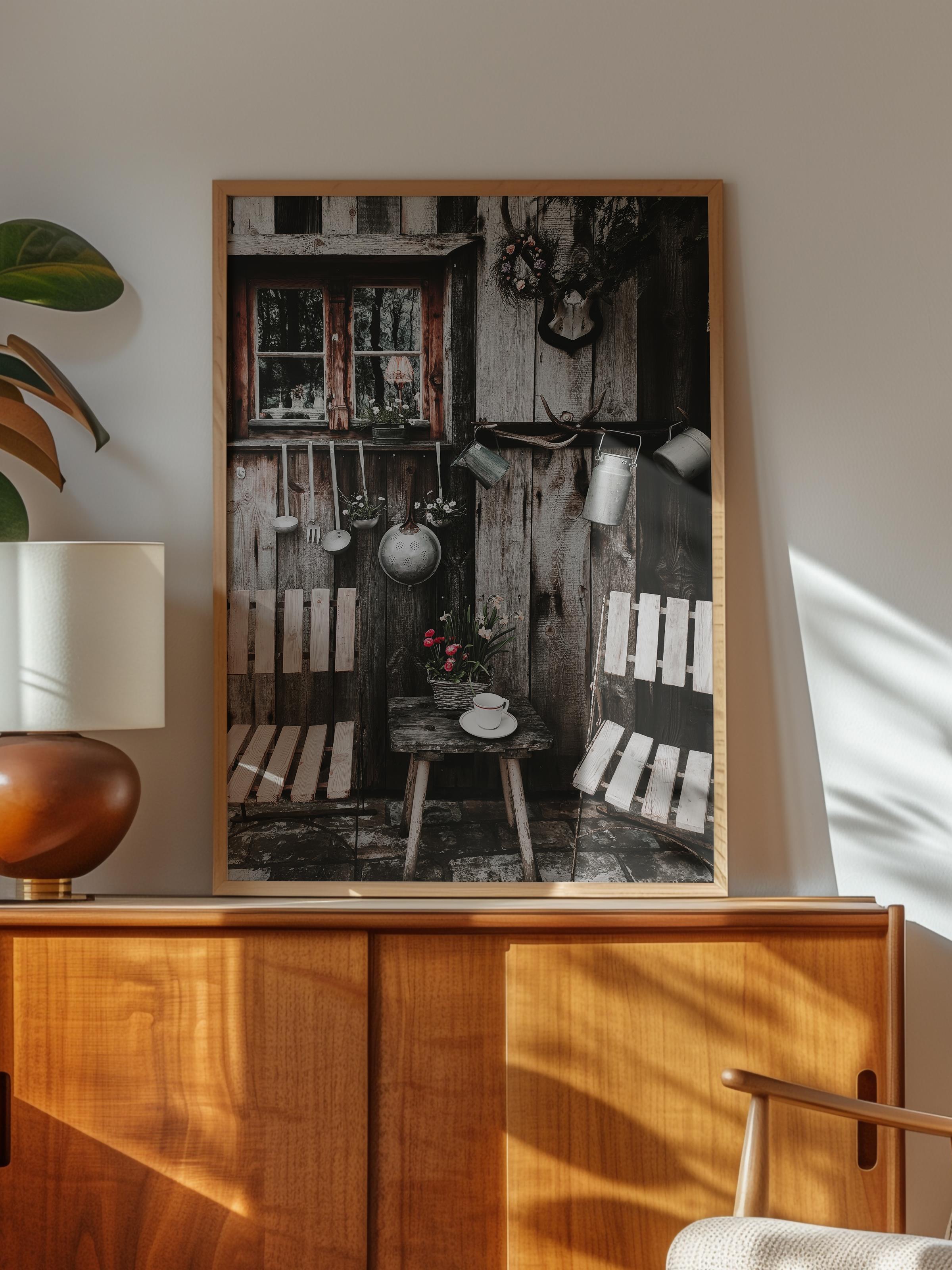 Rustic Çerçevesiz Poster, İskandinav Kahverengi Poster, NO:46 Ahşap Sandalye ve Masa Fotoğraf, Dikey