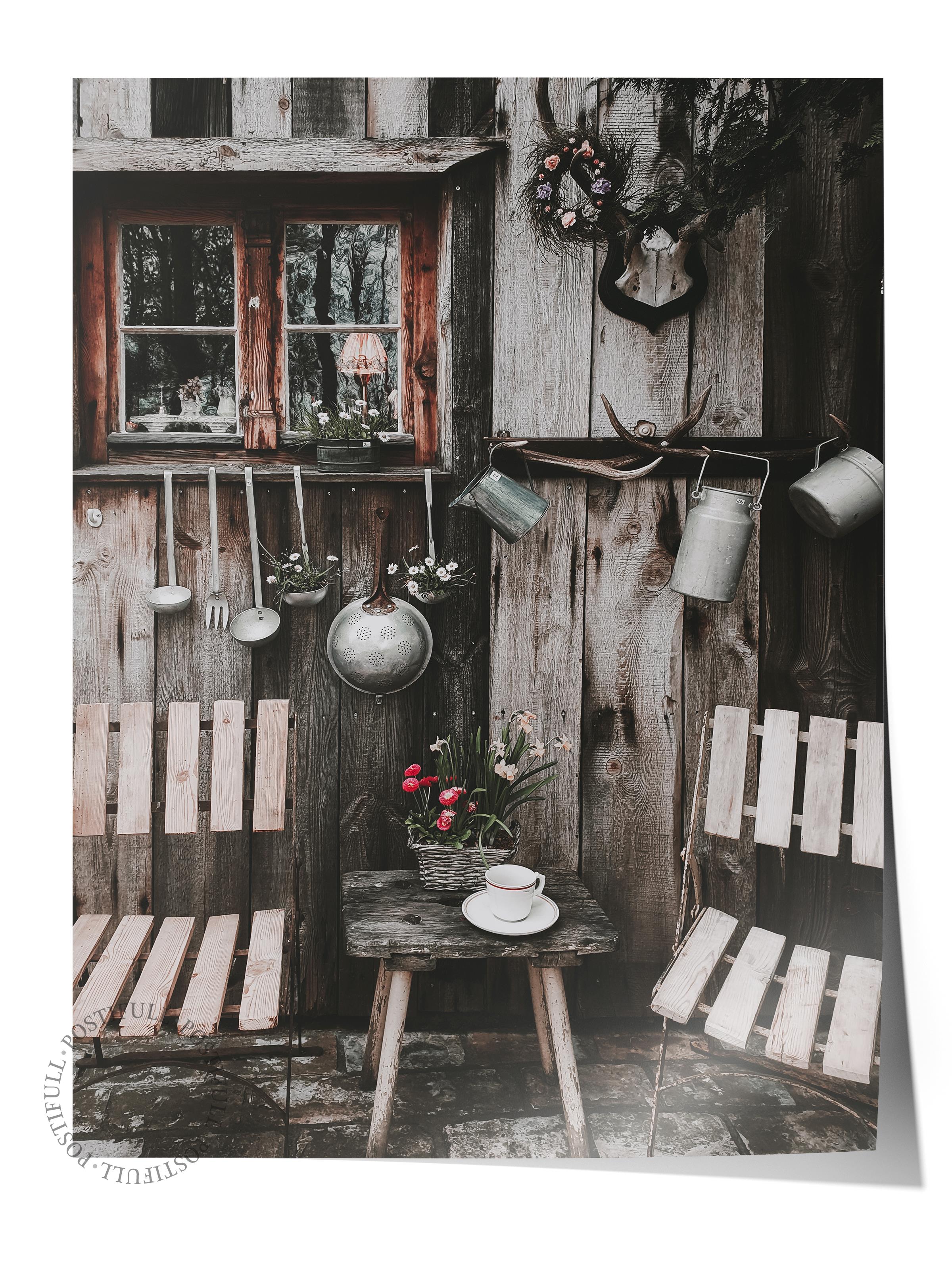 Rustic Çerçevesiz Poster, İskandinav Kahverengi Poster, NO:46 Ahşap Sandalye ve Masa Fotoğraf, Dikey