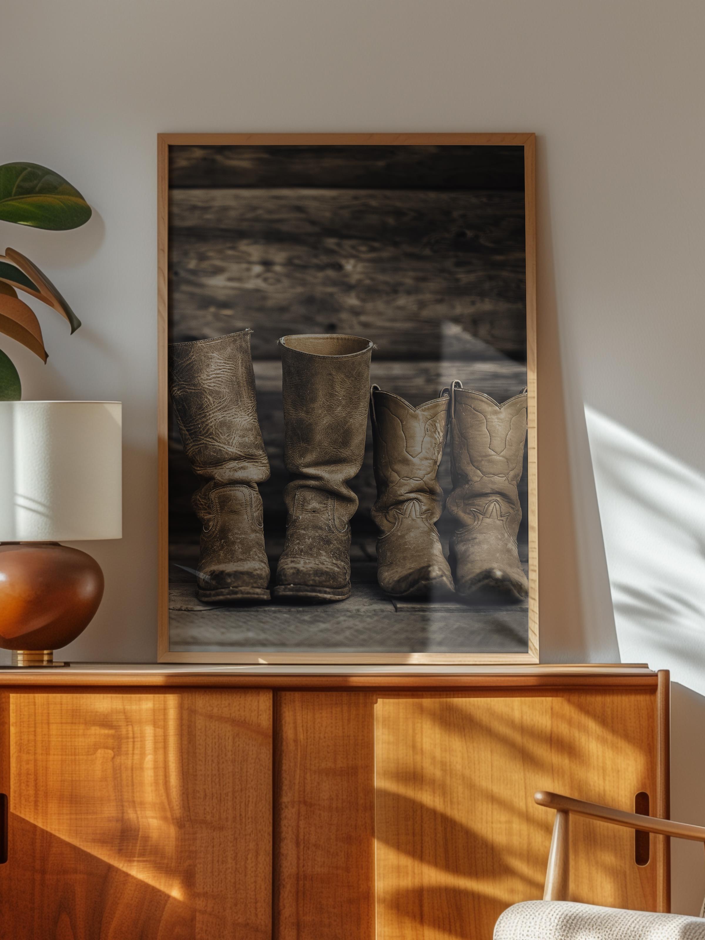 Rustic Çerçevesiz Poster, İskandinav Kahverengi Poster, NO:5 Eski Çizme ve Tahta Fotoğraf, Dikey