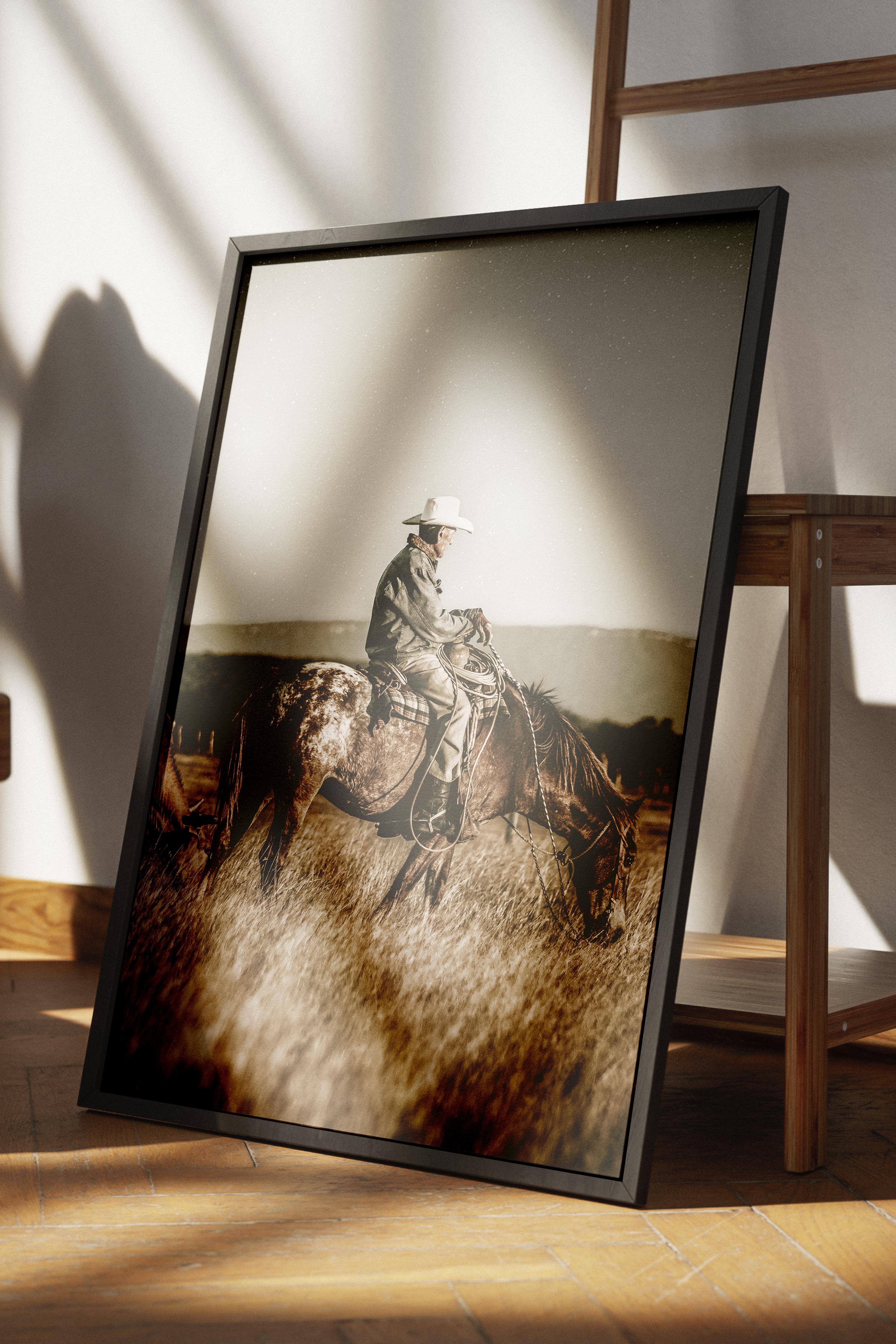 Rustic Çerçevesiz Poster, İskandinav Kahverengi Poster, NO:59 Kovboy ve Atı Fotoğraf, Dikey