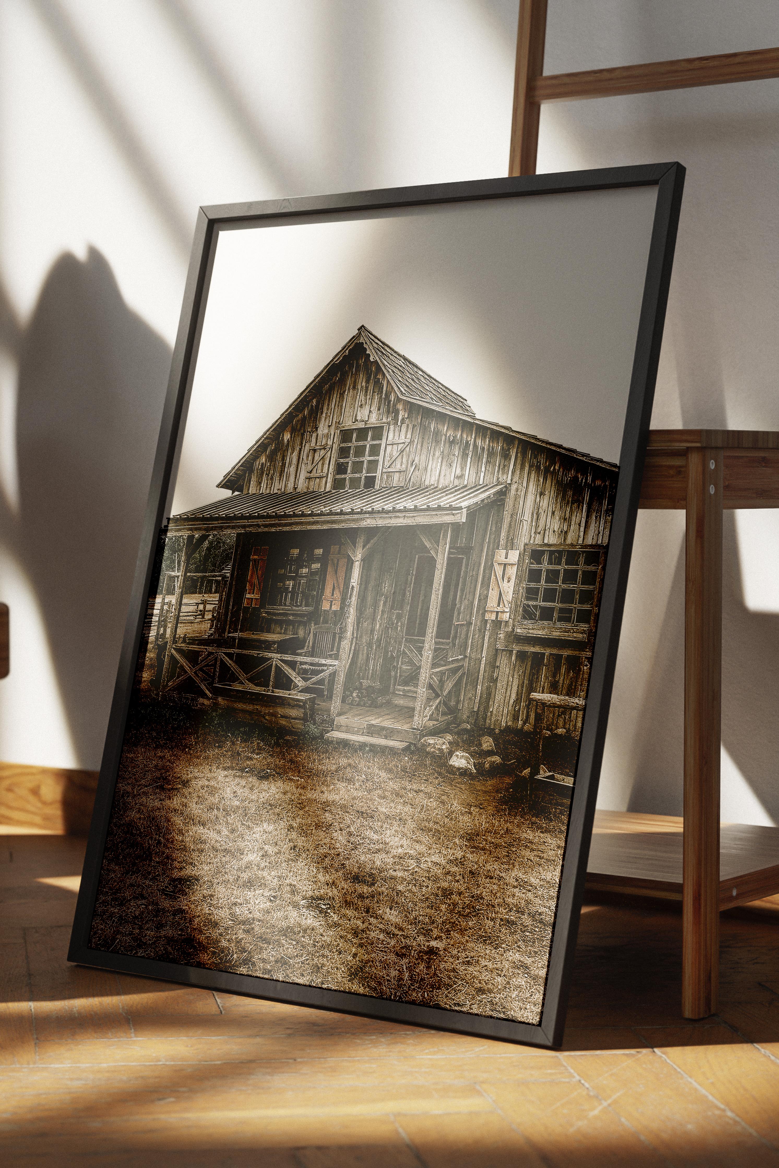 Rustic Çerçevesiz Poster, İskandinav Kahverengi Poster, NO:62 Ahşap Ev Fotoğraf, Dikey