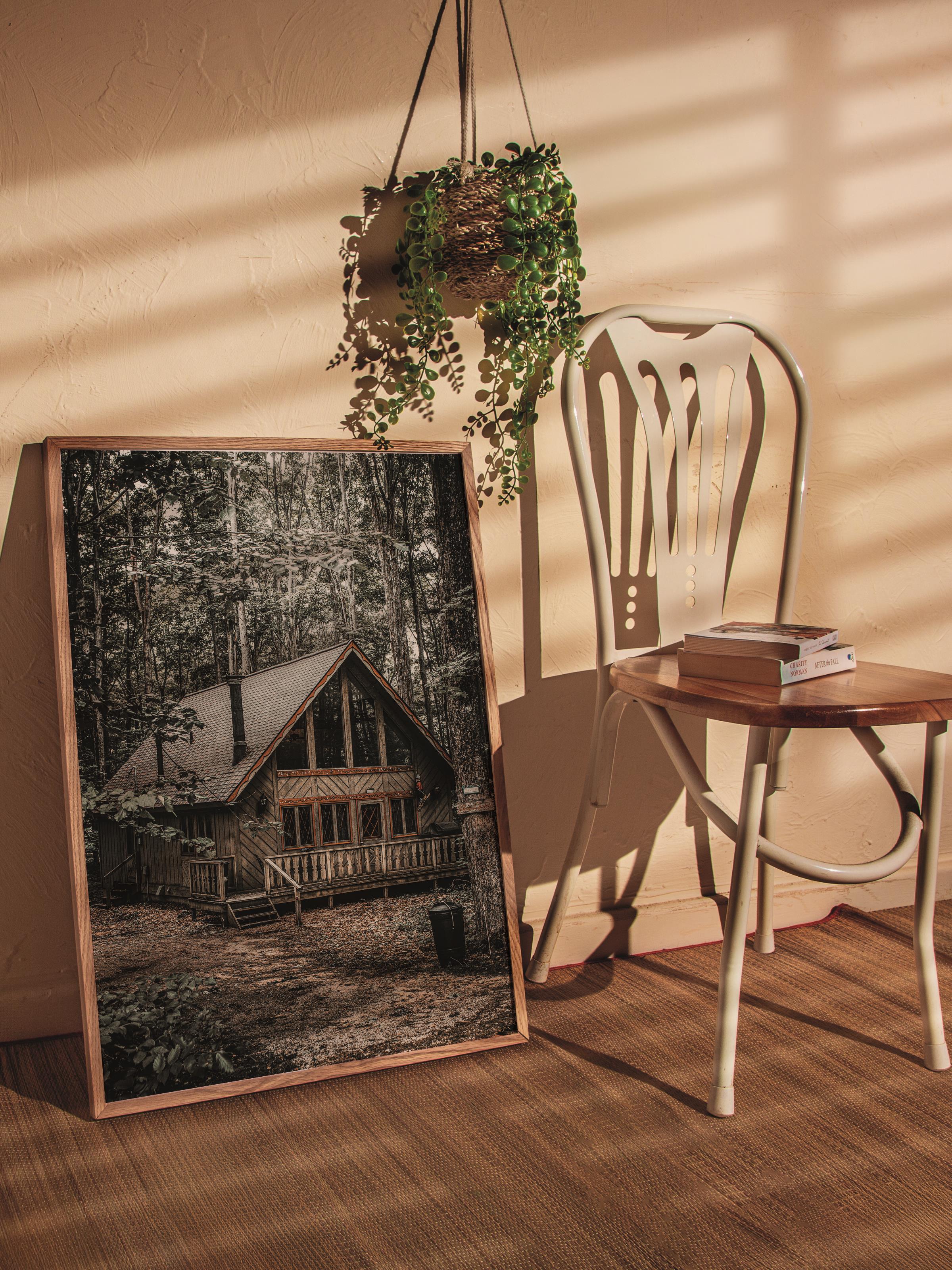 Rustic Çerçevesiz Poster, İskandinav Kahverengi Poster, NO:66 Orman Evi Fotoğraf, Dikey