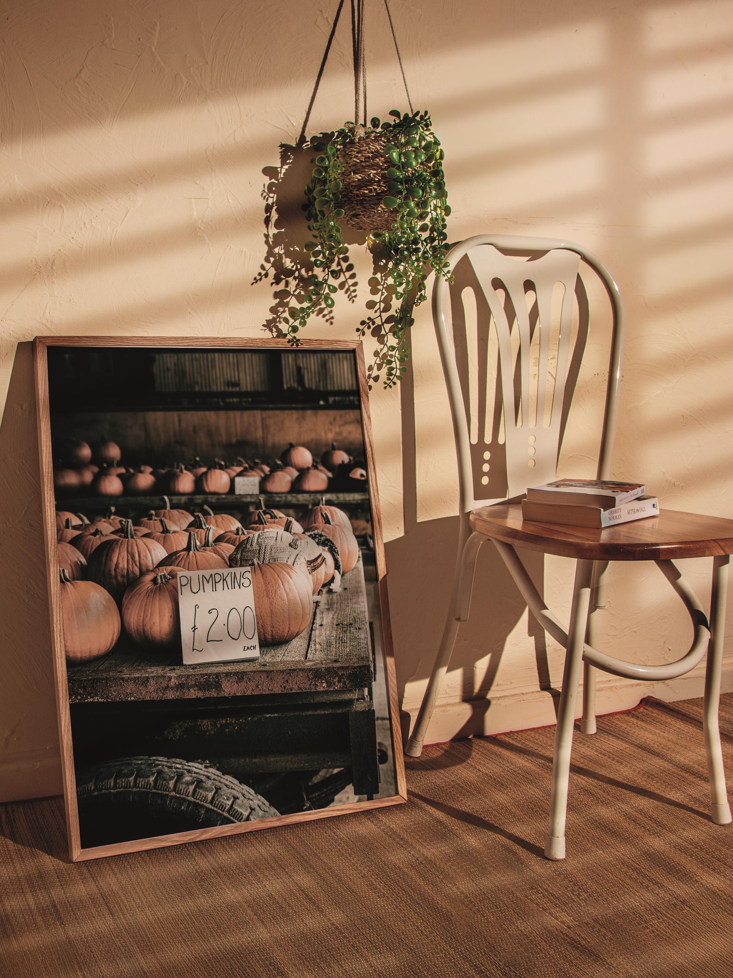Rustic Çerçevesiz Poster, İskandinav Kahverengi Poster, NO:71 Balkabakları Arabası Fotoğraf, Dikey