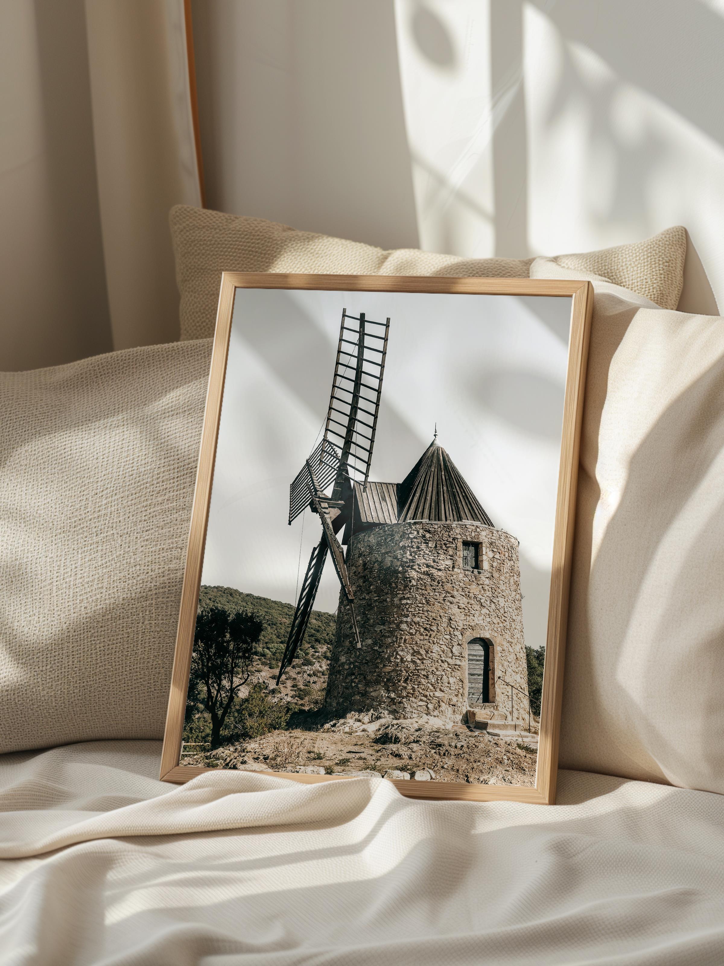 Rustic Çerçevesiz Poster, İskandinav Kahverengi Poster, NO:72 Taş Yel Değirmeni Fotoğraf, Dikey