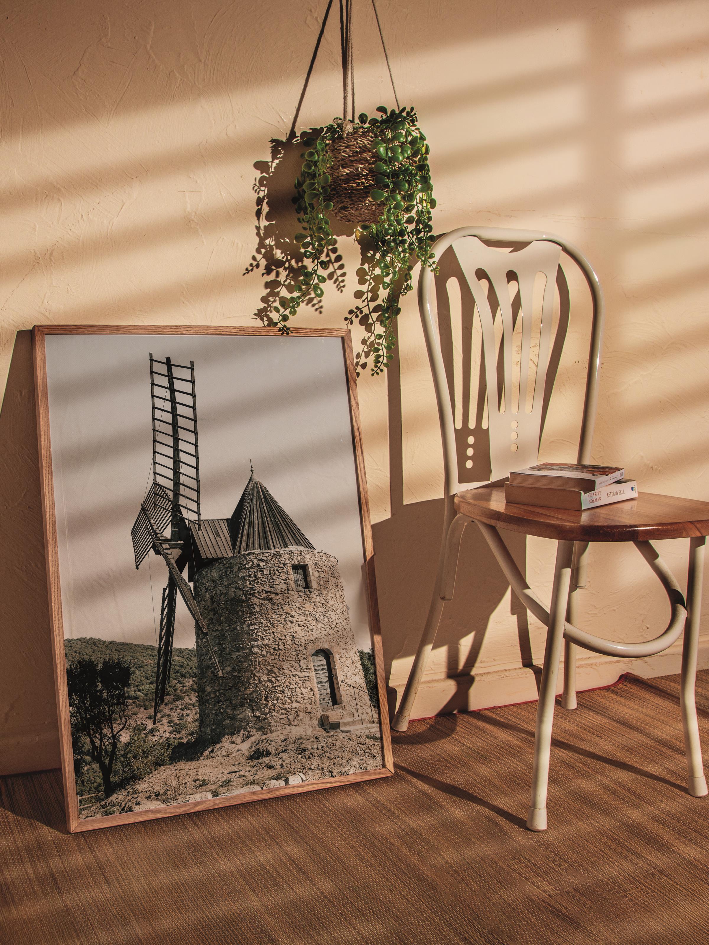 Rustic Çerçevesiz Poster, İskandinav Kahverengi Poster, NO:72 Taş Yel Değirmeni Fotoğraf, Dikey