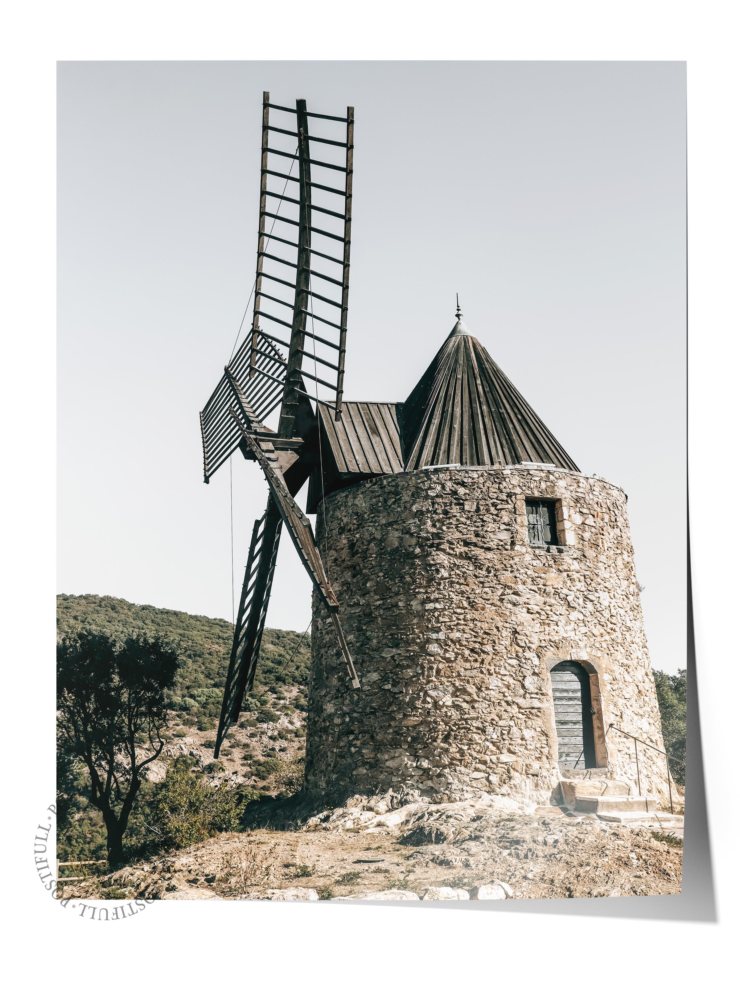 Rustic Çerçevesiz Poster, İskandinav Kahverengi Poster, NO:72 Taş Yel Değirmeni Fotoğraf, Dikey