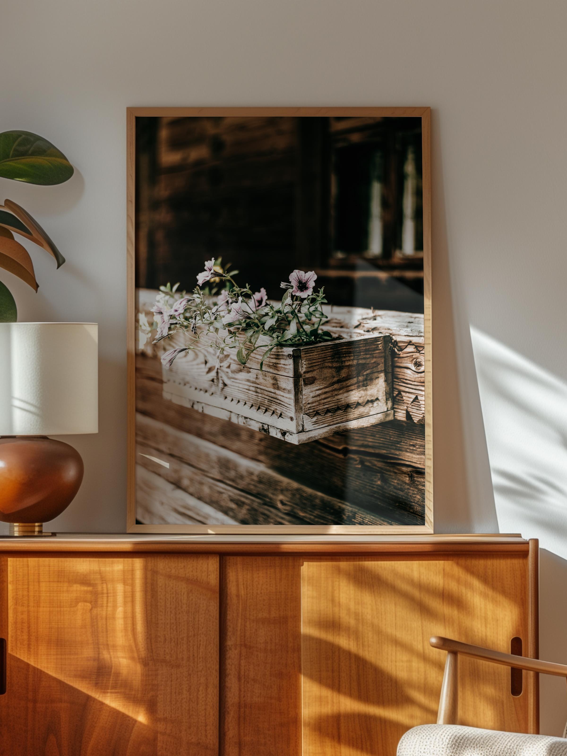 Rustic Çerçevesiz Poster, İskandinav Kahverengi Poster, NO:77 Çiçekli Ahşap Sandık Fotoğraf, Dikey