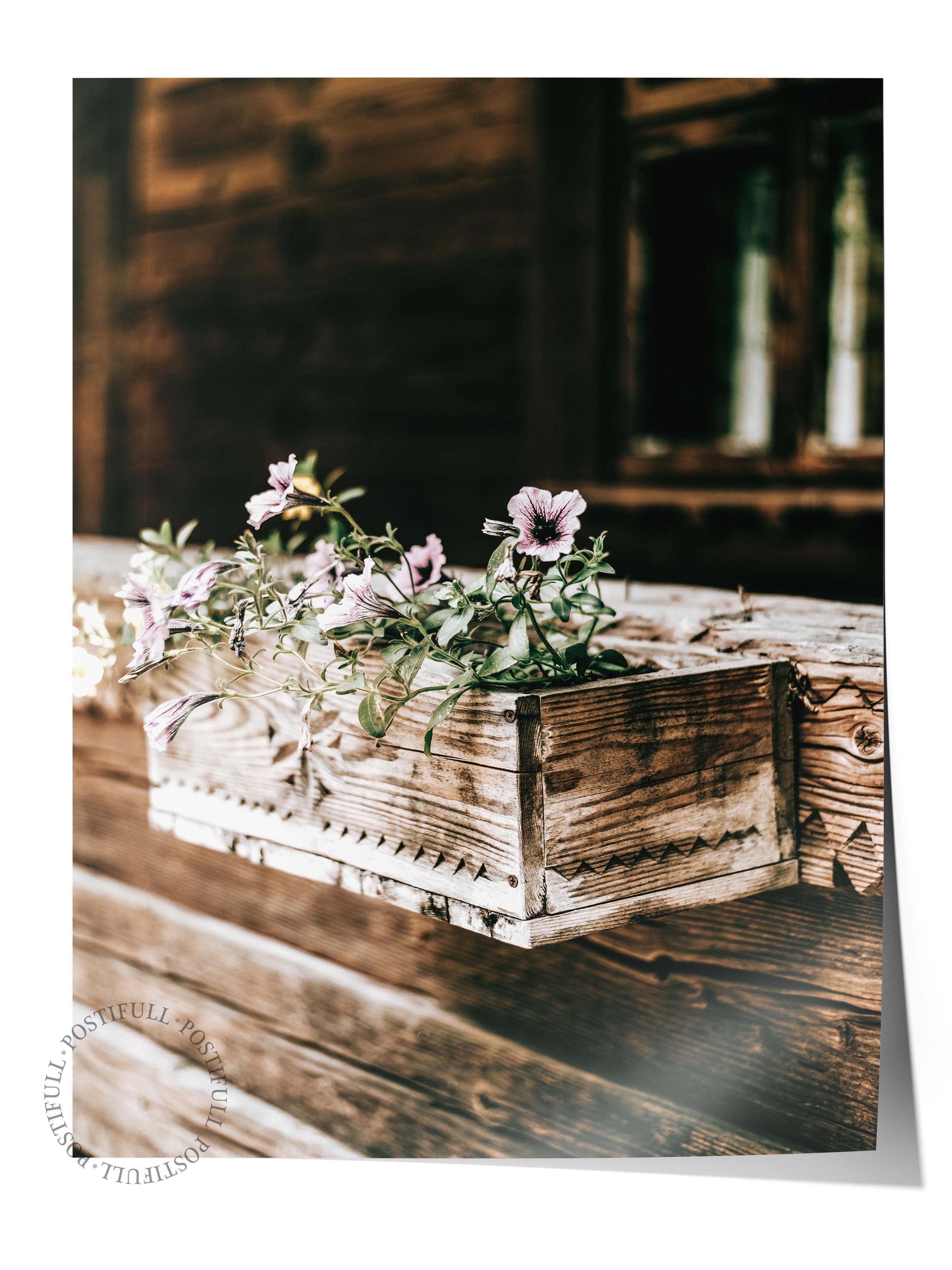 Rustic Çerçevesiz Poster, İskandinav Kahverengi Poster, NO:77 Çiçekli Ahşap Sandık Fotoğraf, Dikey