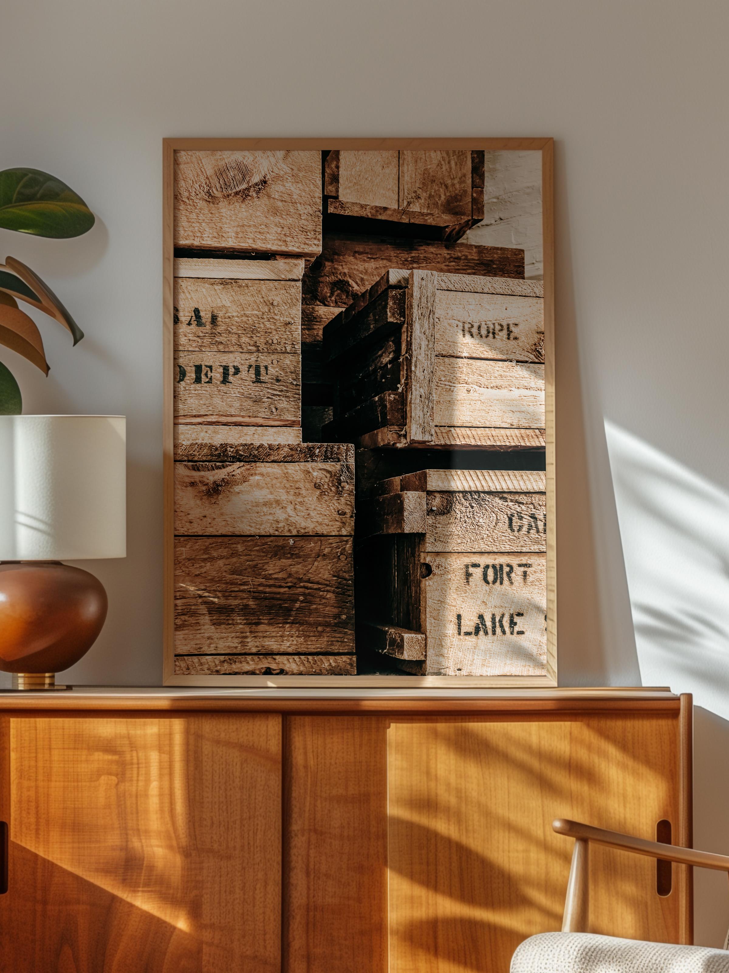 Rustic Çerçevesiz Poster, İskandinav Kahverengi Poster, NO:78 İstiflenmiş Ahşap Sandıklar Fotoğraf
