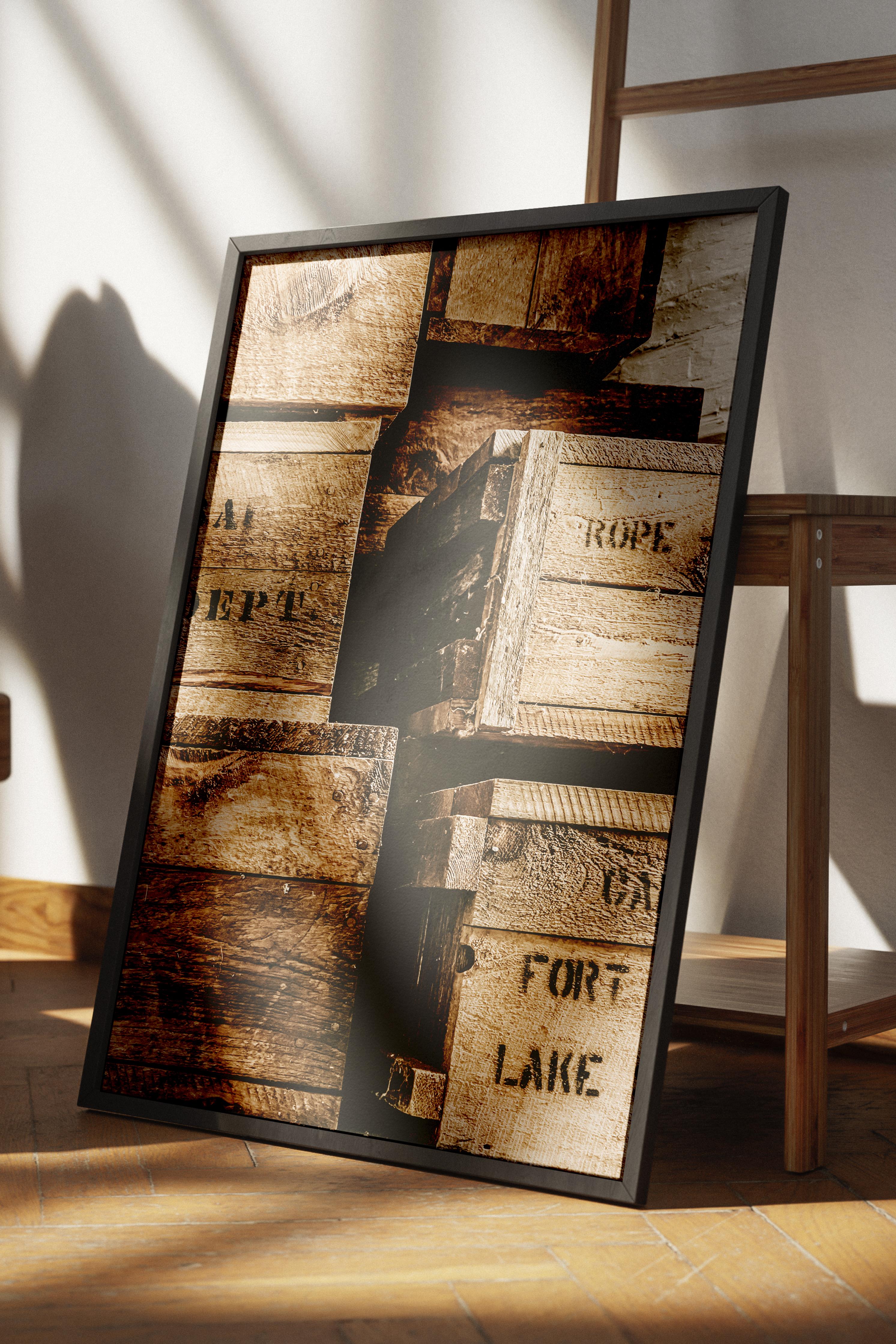 Rustic Çerçevesiz Poster, İskandinav Kahverengi Poster, NO:78 İstiflenmiş Ahşap Sandıklar Fotoğraf