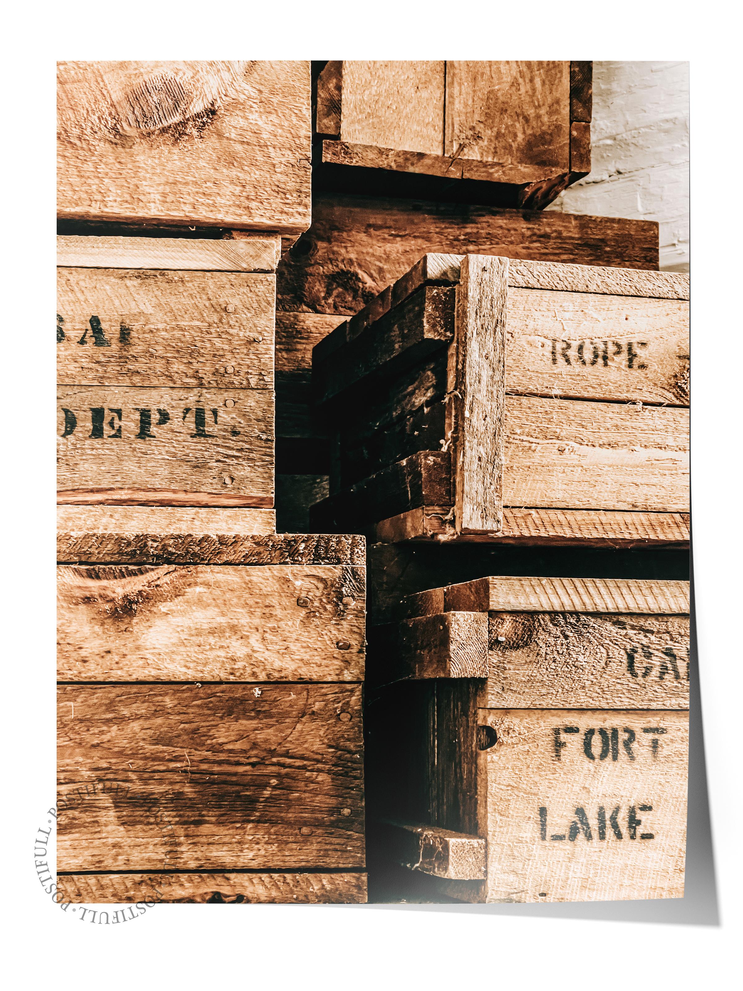 Rustic Çerçevesiz Poster, İskandinav Kahverengi Poster, NO:78 İstiflenmiş Ahşap Sandıklar Fotoğraf