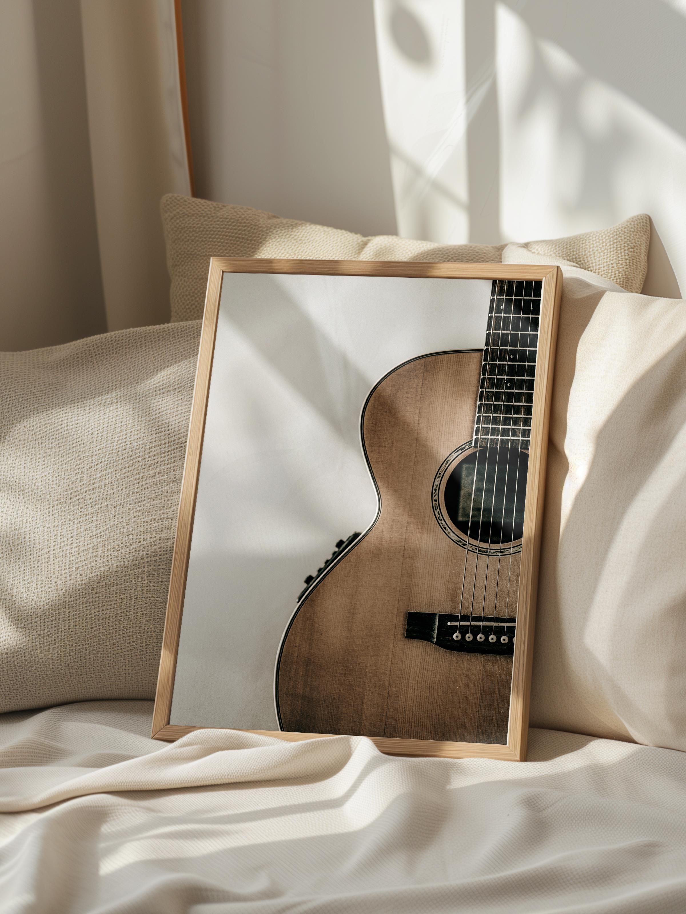 Rustic Çerçevesiz Poster, İskandinav Kahverengi Poster, NO:82 Akustik Gitar Fotoğraf, Dikey