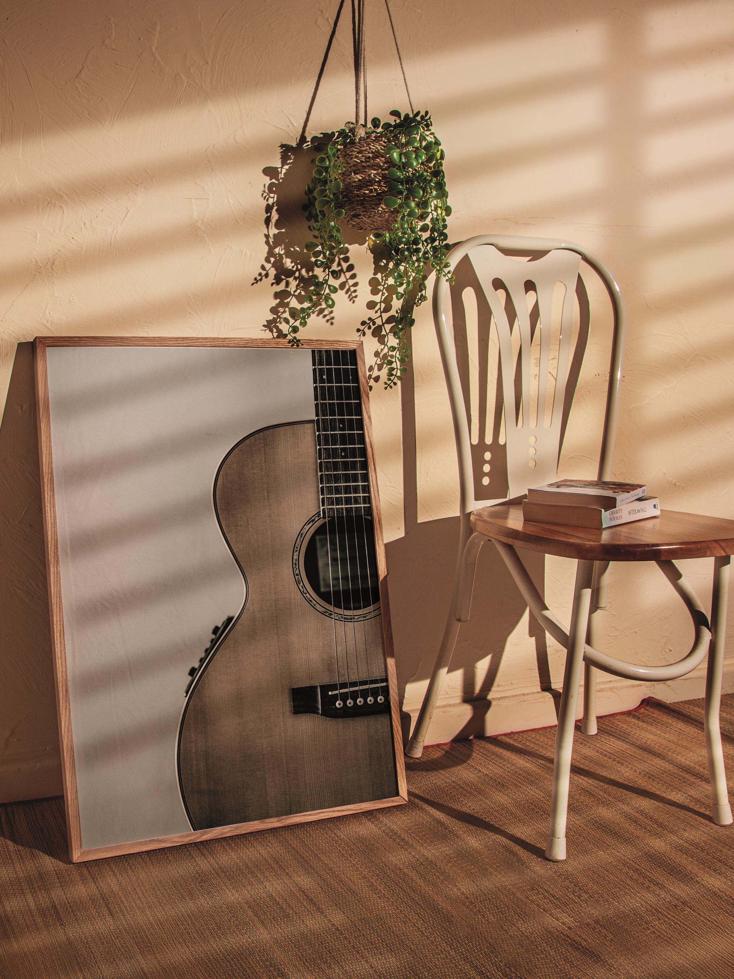 Rustic Çerçevesiz Poster, İskandinav Kahverengi Poster, NO:82 Akustik Gitar Fotoğraf, Dikey