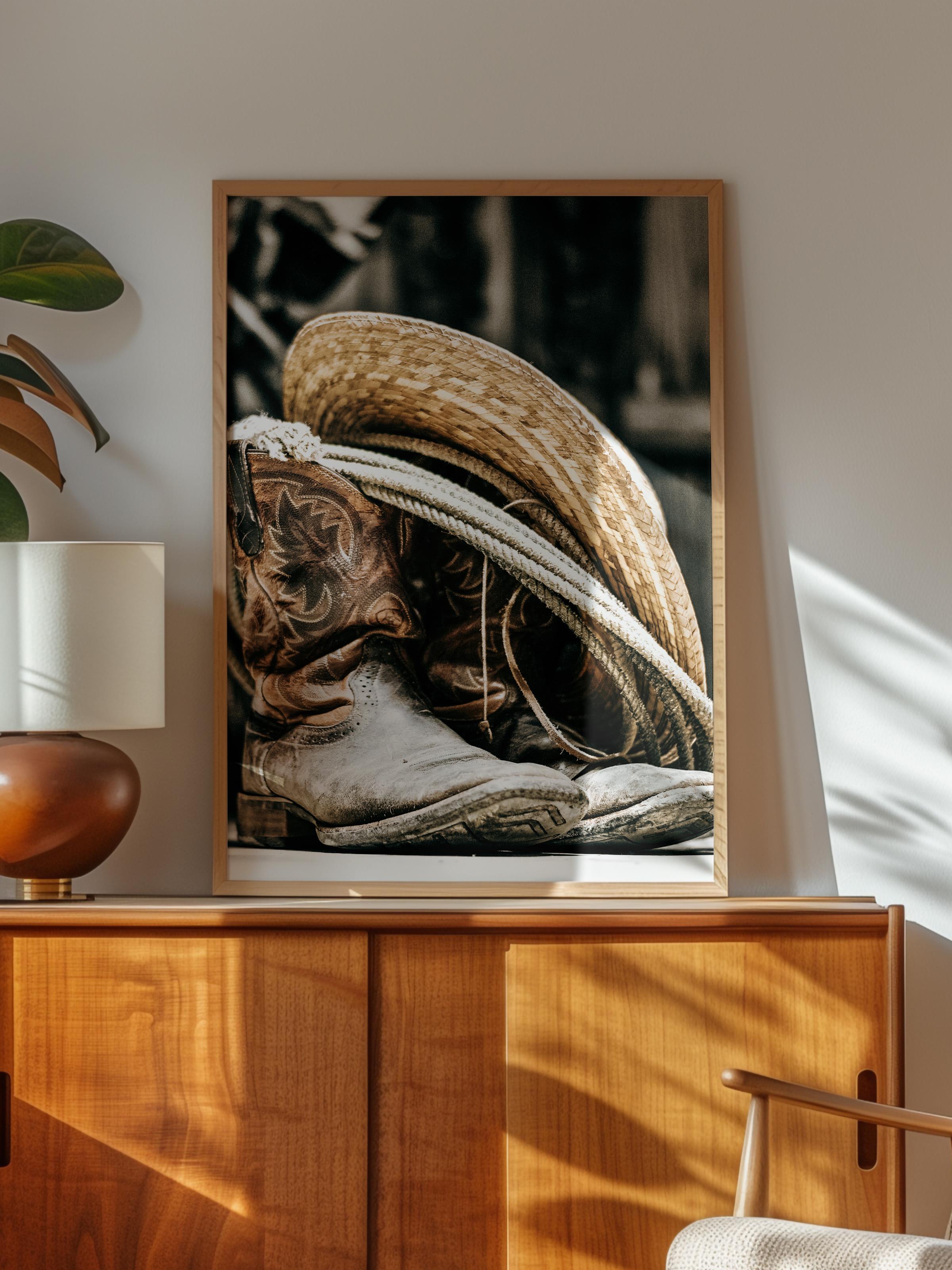 Rustic Çerçevesiz Poster, İskandinav Kahverengi Poster, NO:84 Kovboy Şapkası ve Çizme Fotoğraf, Dikey
