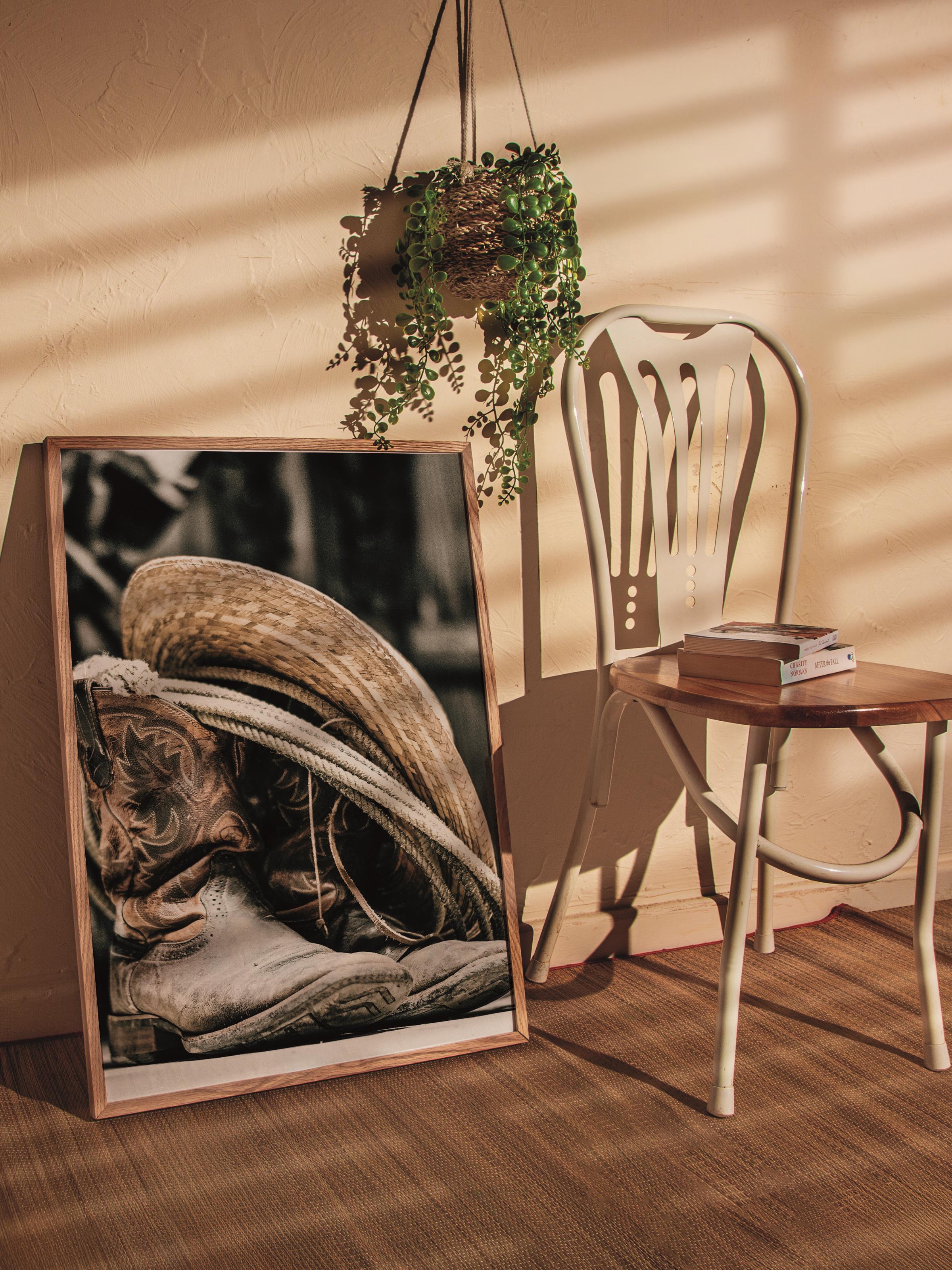 Rustic Çerçevesiz Poster, İskandinav Kahverengi Poster, NO:84 Kovboy Şapkası ve Çizme Fotoğraf, Dikey
