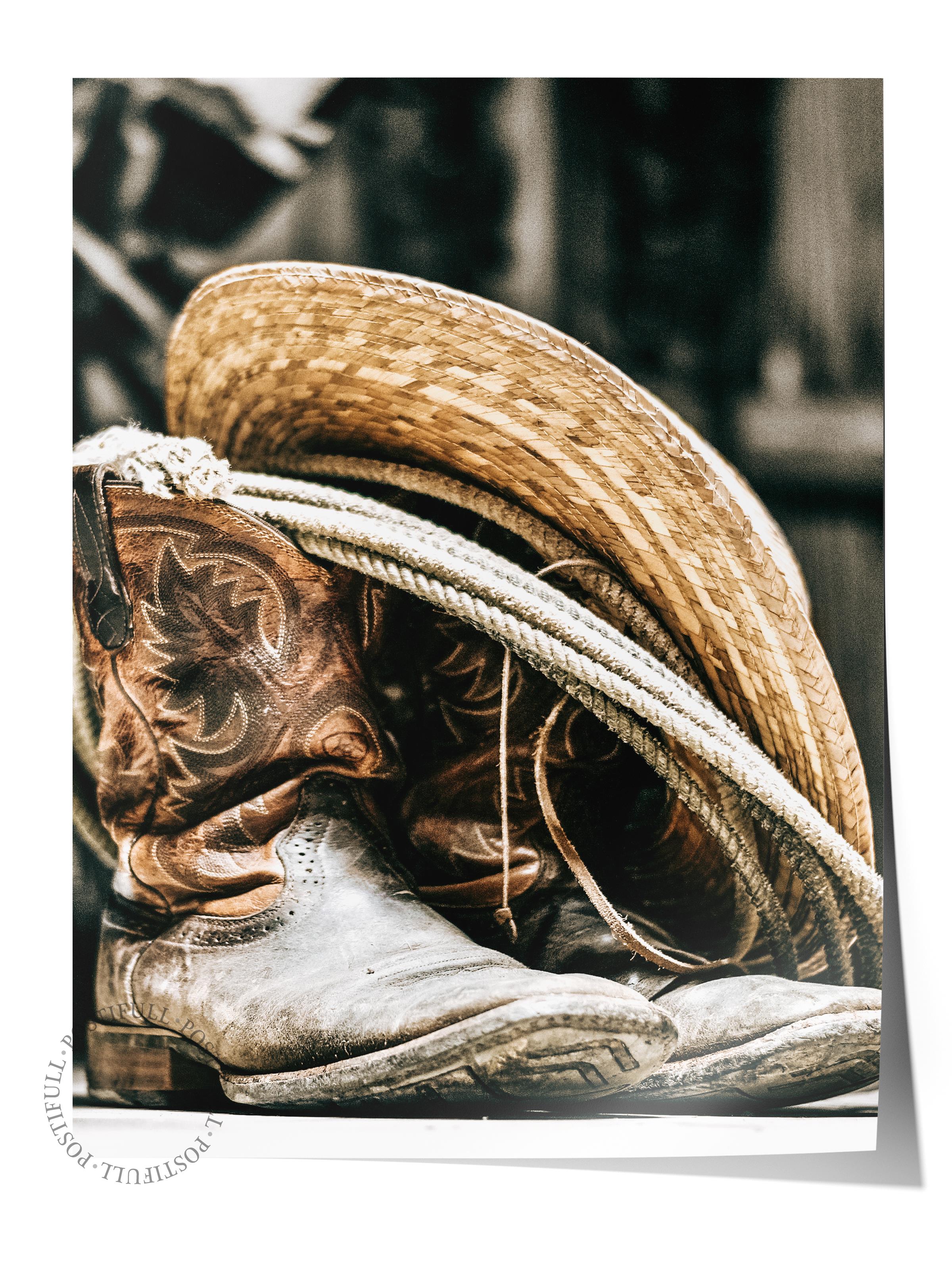 Rustic Çerçevesiz Poster, İskandinav Kahverengi Poster, NO:84 Kovboy Şapkası ve Çizme Fotoğraf, Dikey