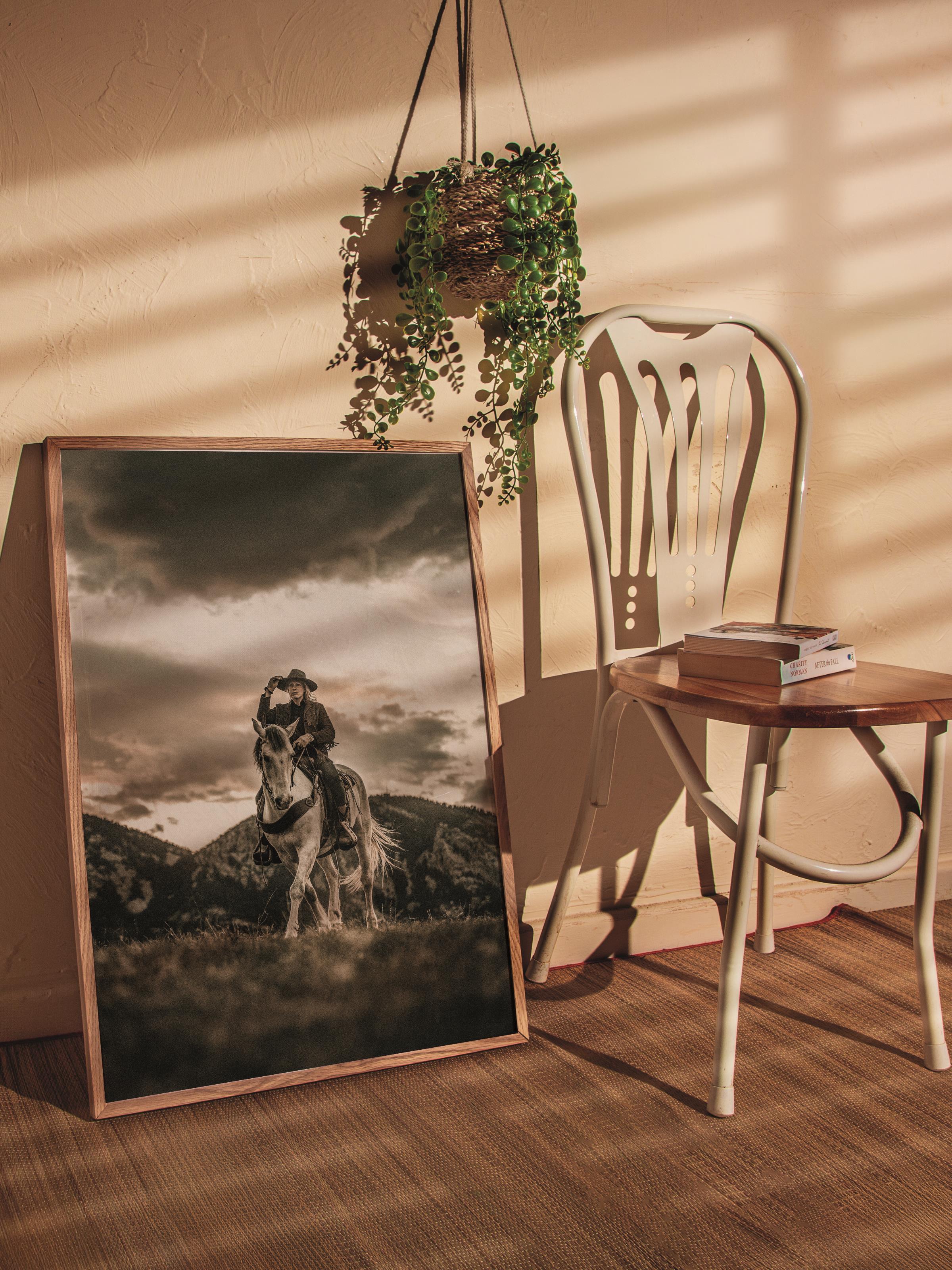 Rustic Çerçevesiz Poster, İskandinav Kahverengi Poster, NO:85 Kovboy ve Atı Fotoğraf, Dikey