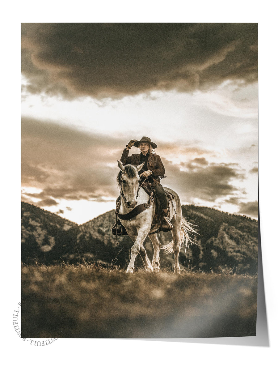 Gün Batımında Atlı Kovboy Rustic Çerçevesiz Poster
