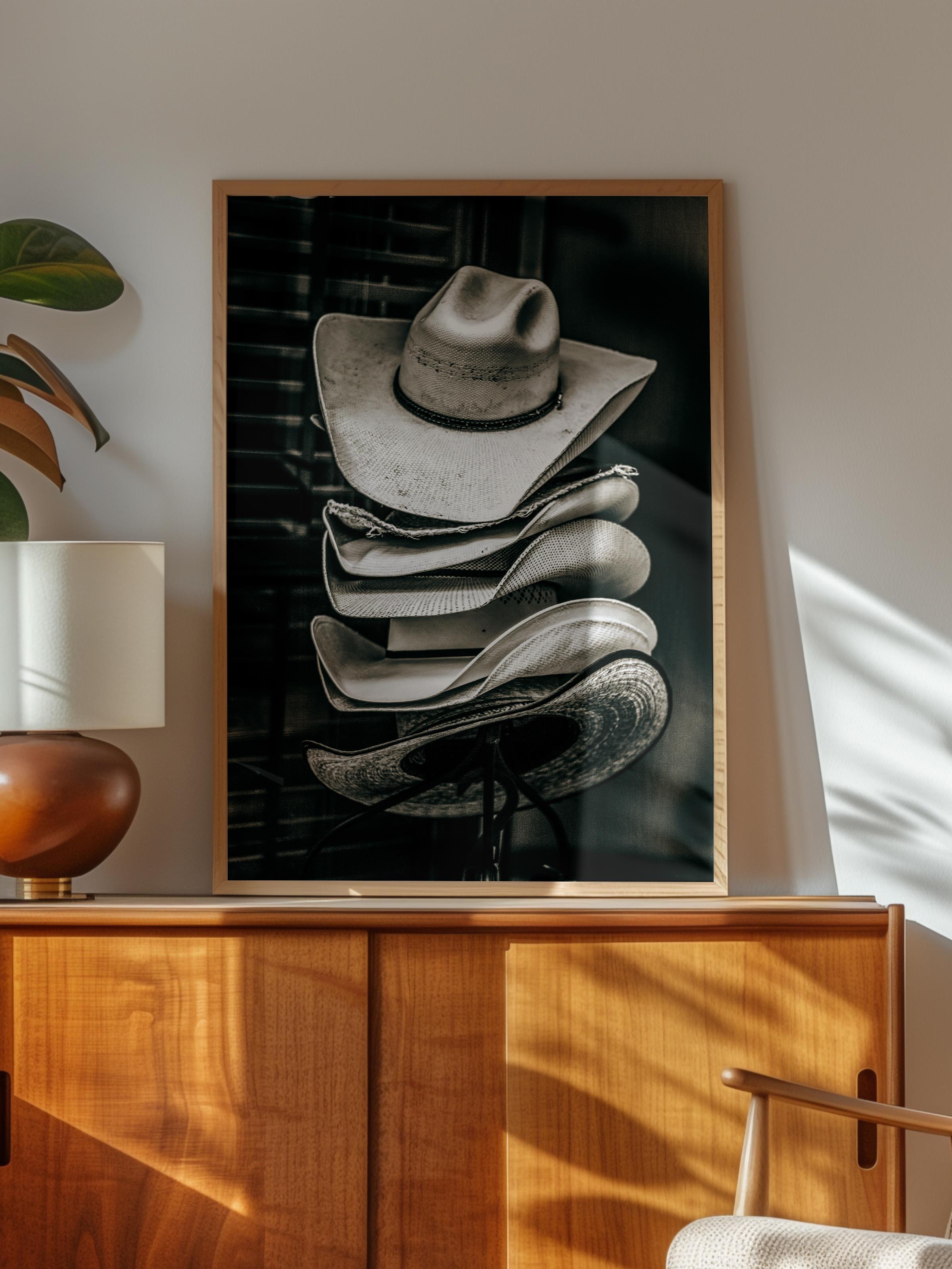 Rustic Çerçevesiz Poster, İskandinav Kahverengi Poster, NO:87 Kovboy Şapkaları Fotoğraf, Dikey