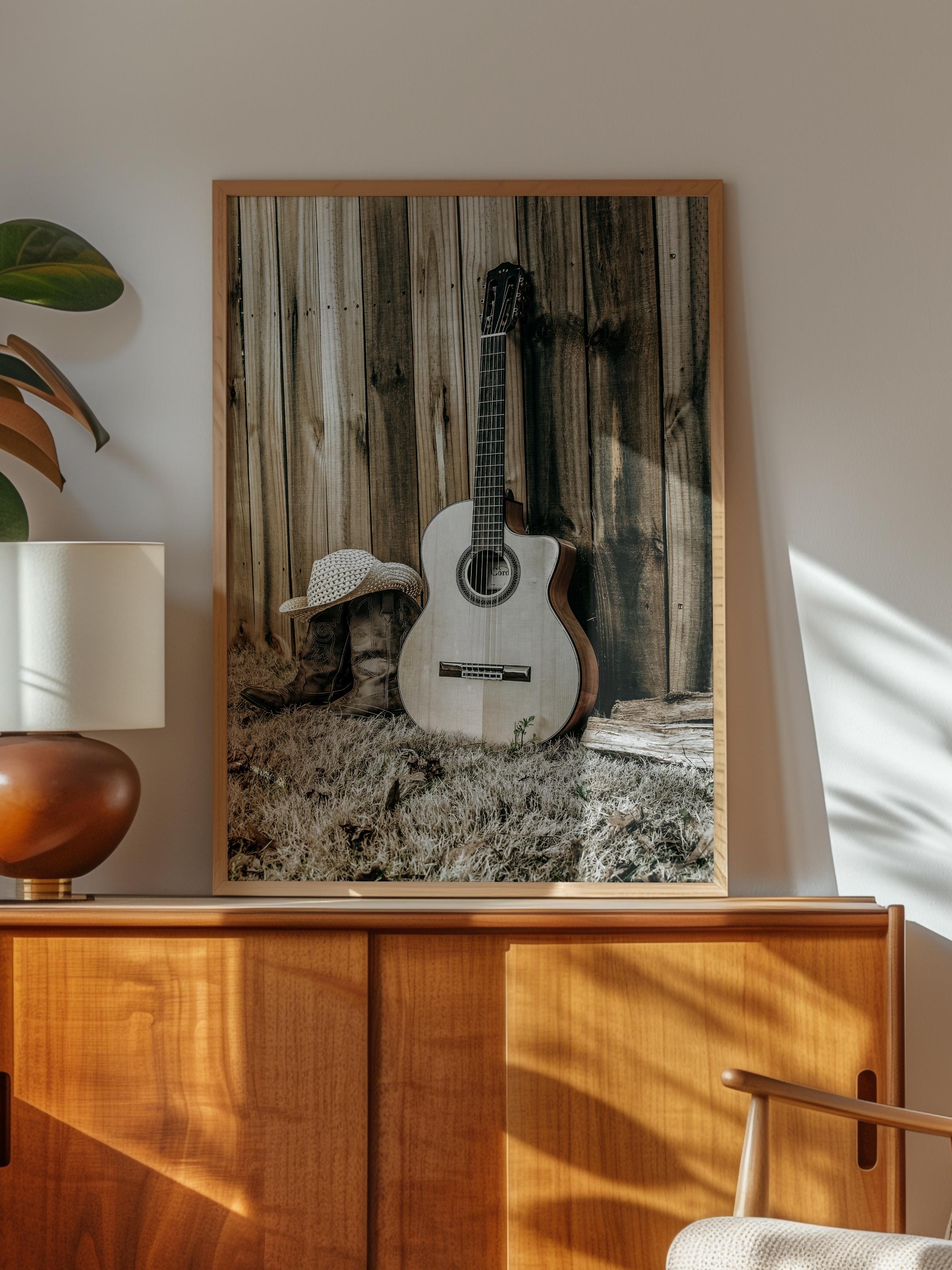 Rustic Çerçevesiz Poster, İskandinav Kahverengi Poster, NO:88 Gitar ve Duvar Fotoğraf, Dikey