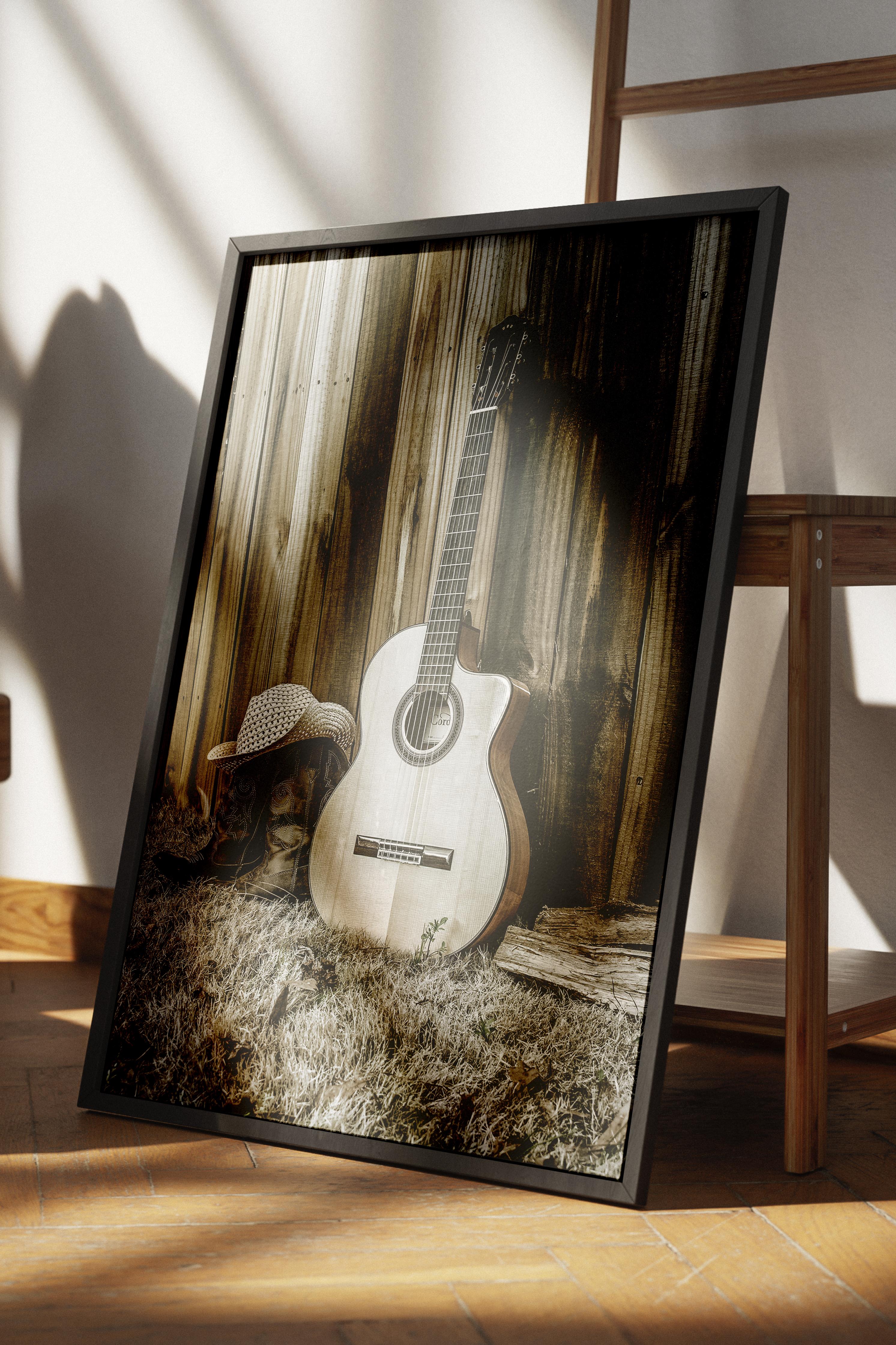 Rustic Çerçevesiz Poster, İskandinav Kahverengi Poster, NO:88 Gitar ve Duvar Fotoğraf, Dikey