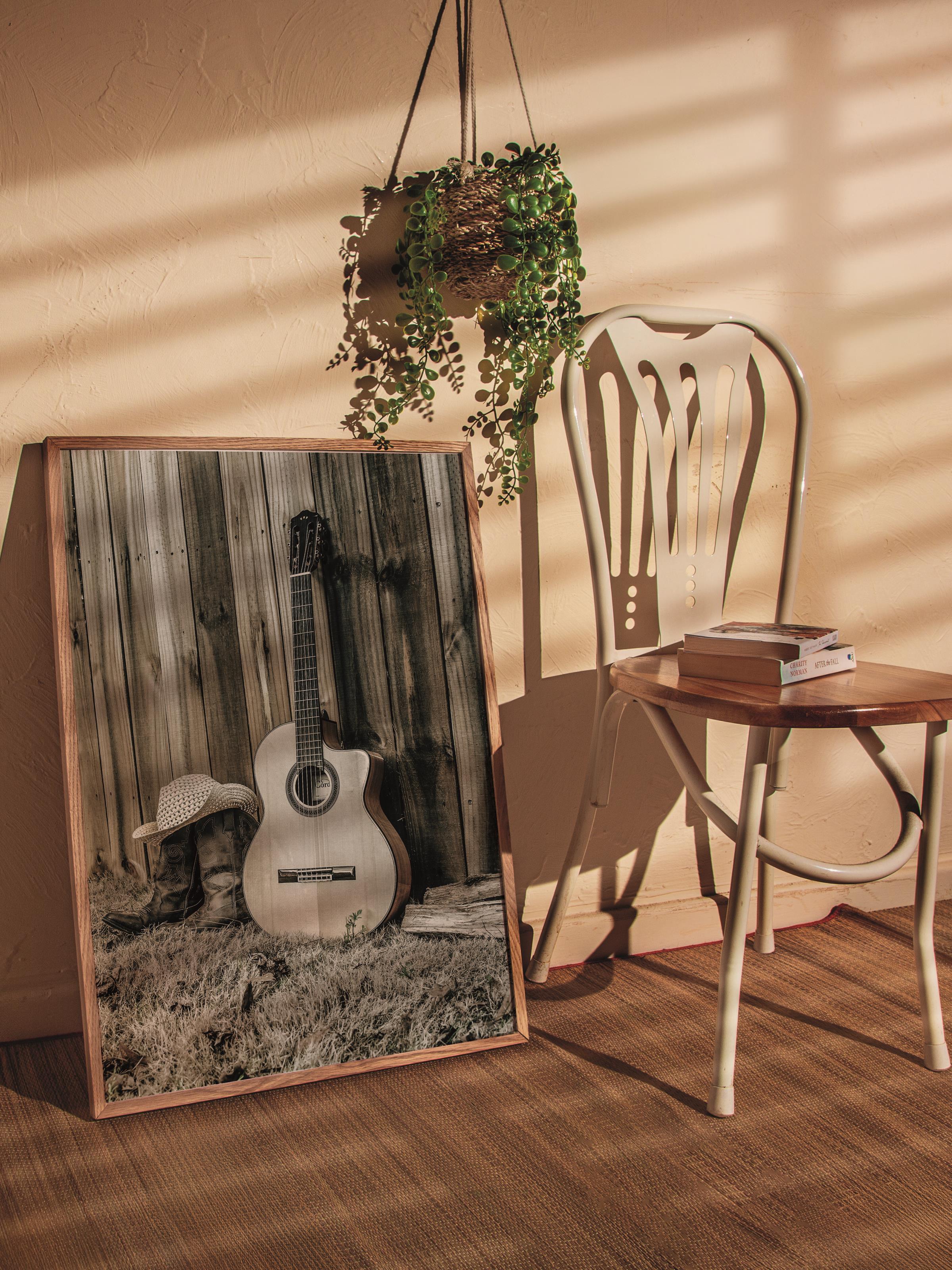 Rustic Çerçevesiz Poster, İskandinav Kahverengi Poster, NO:88 Gitar ve Duvar Fotoğraf, Dikey