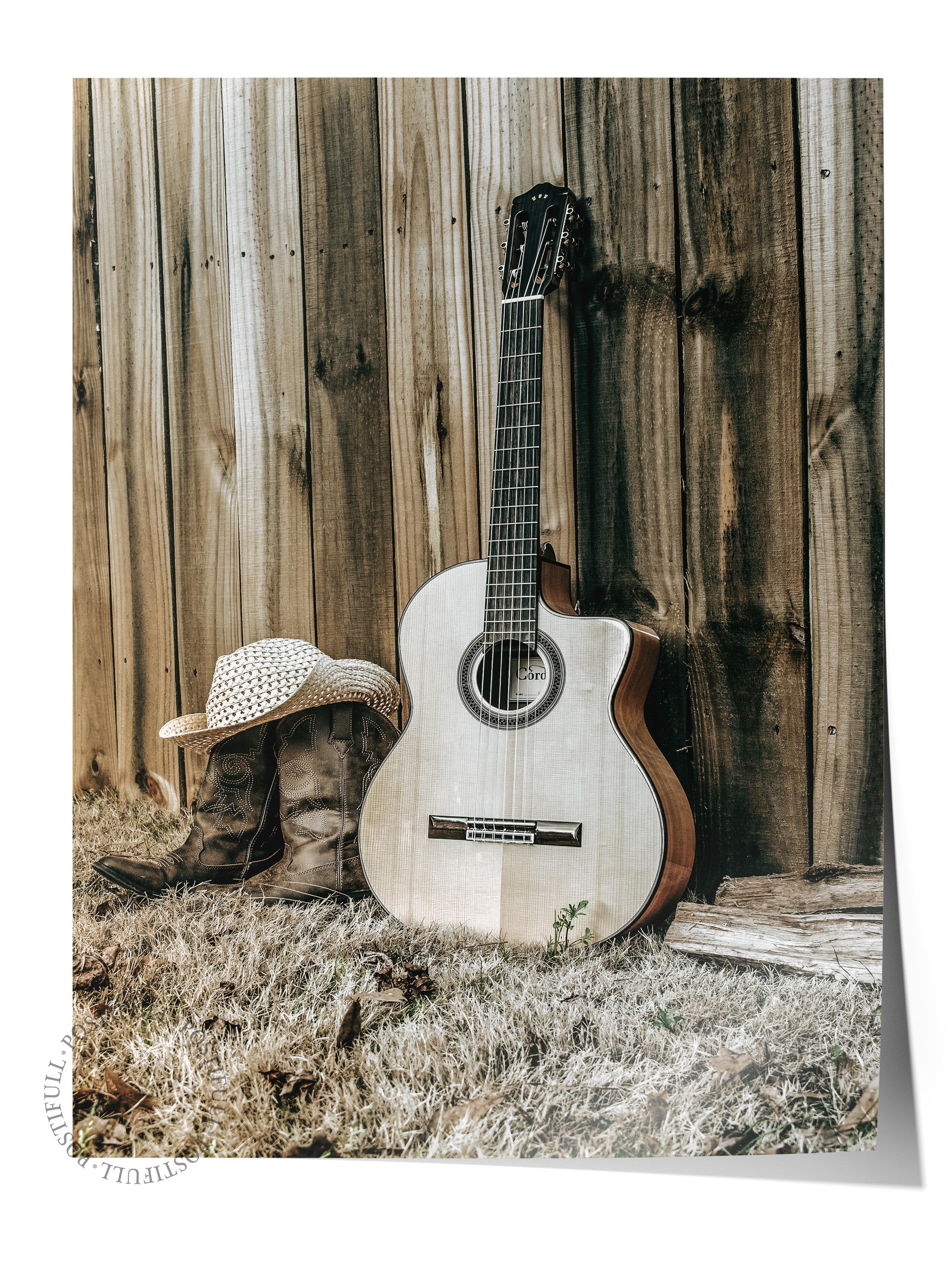 Rustic Çerçevesiz Poster, İskandinav Kahverengi Poster, NO:88 Gitar ve Duvar Fotoğraf, Dikey