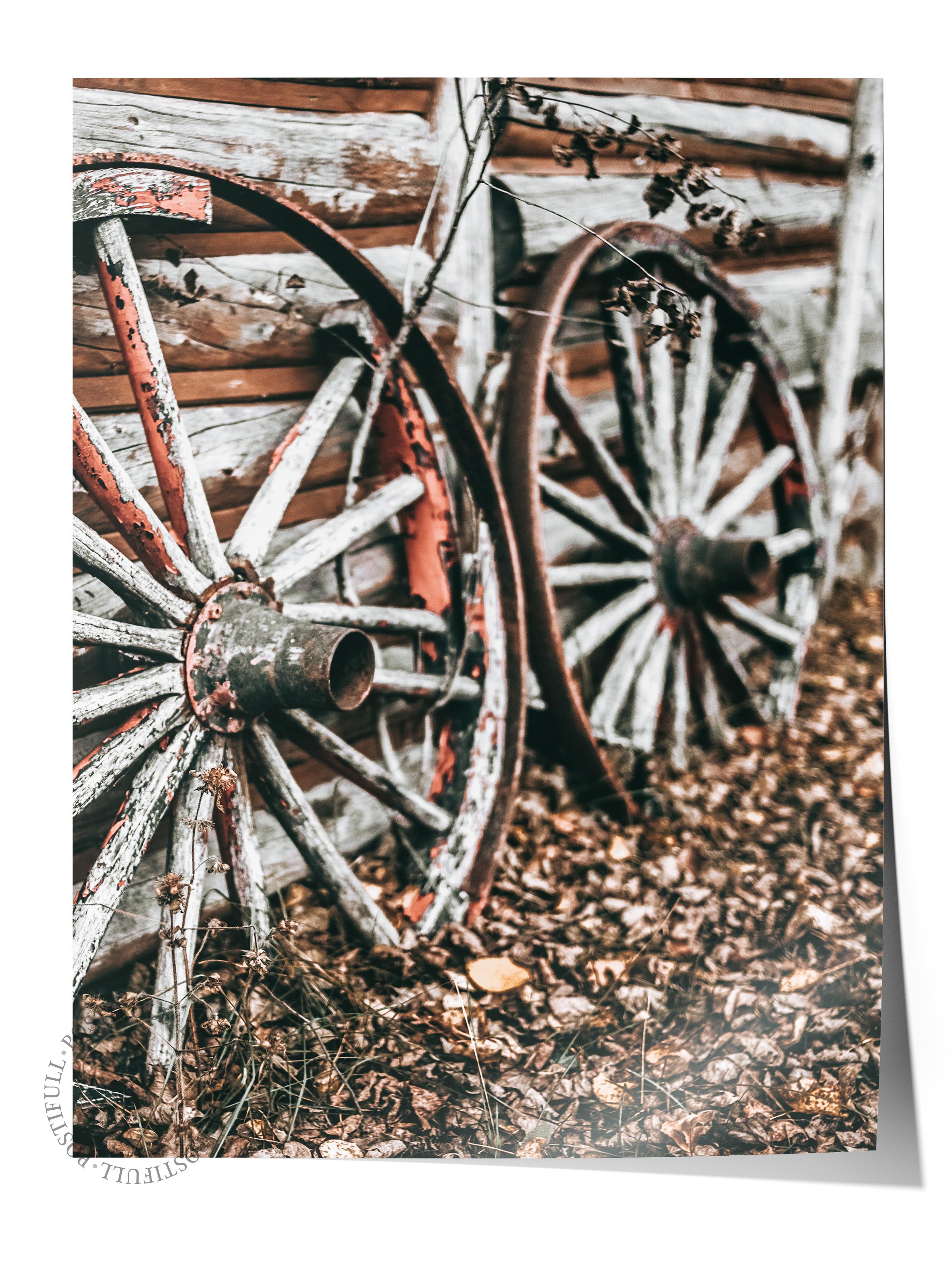 Rustic Çerçevesiz Poster, İskandinav Kahverengi Poster, NO:92 Ahşap Tekerlekler Fotoğraf, Dikey